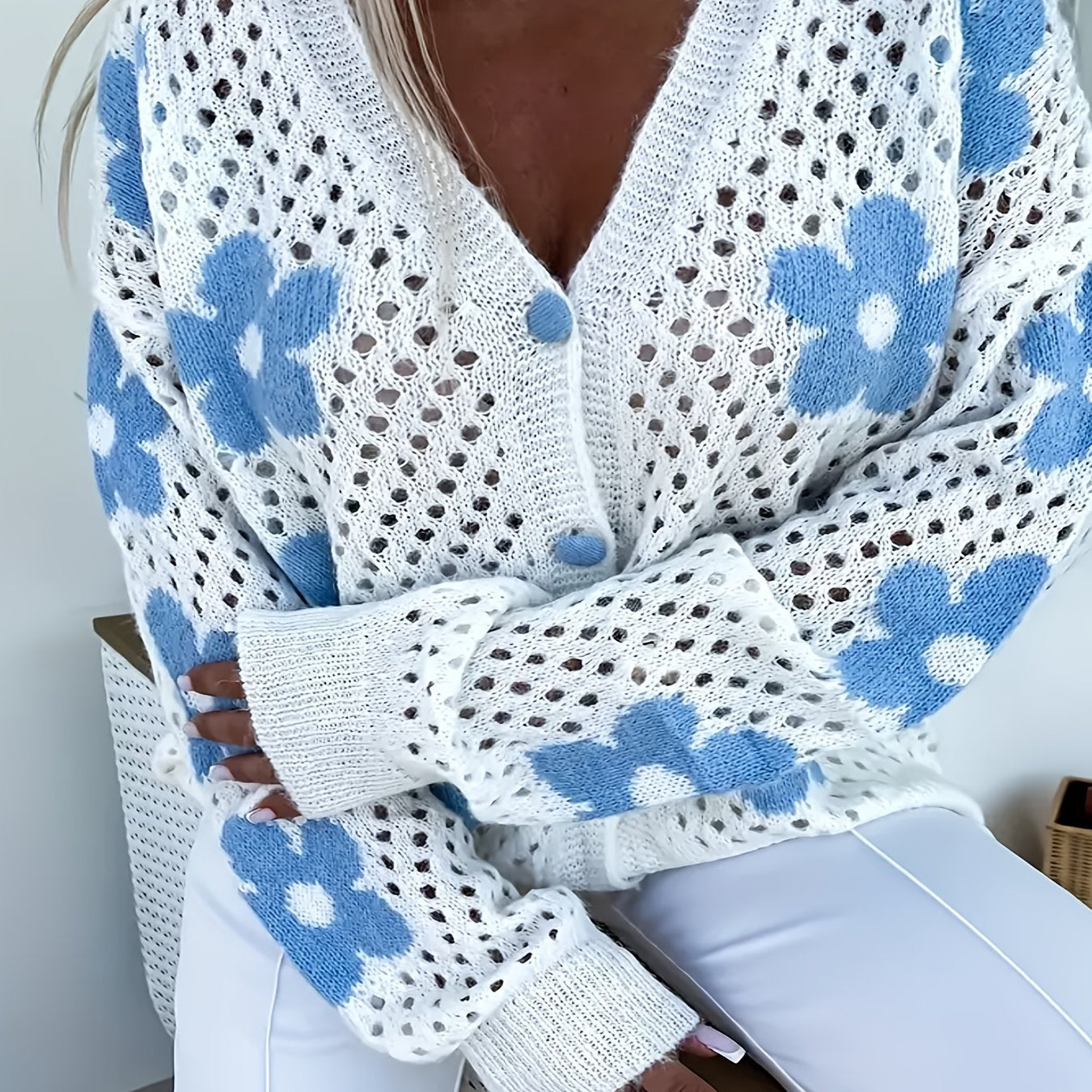 Plus Size Women's Crochet Cardigan Floral Pattern Long Sleeve Open Front Blue White Fall Winter