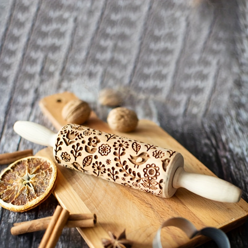 Wooden Rolling Pin with Embossed Patterns for Cookies and Dough