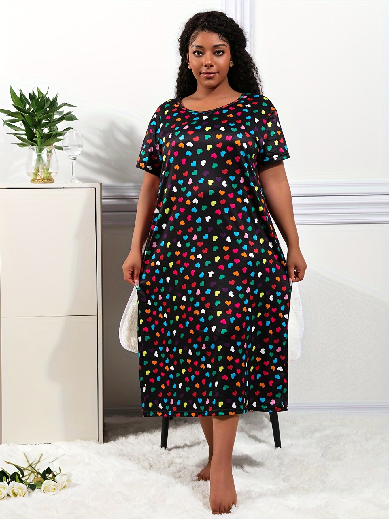 Plus Size Women's Loungewear Dress Colorful Heart Print Nightdress