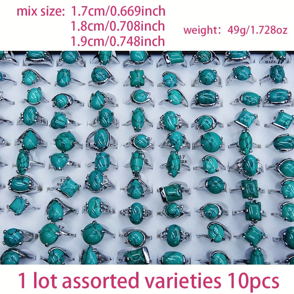 Set of 10 Turquoise Boho Style Fashion Rings Natural Stone Alloy Plated for Festivals and Casual Wear