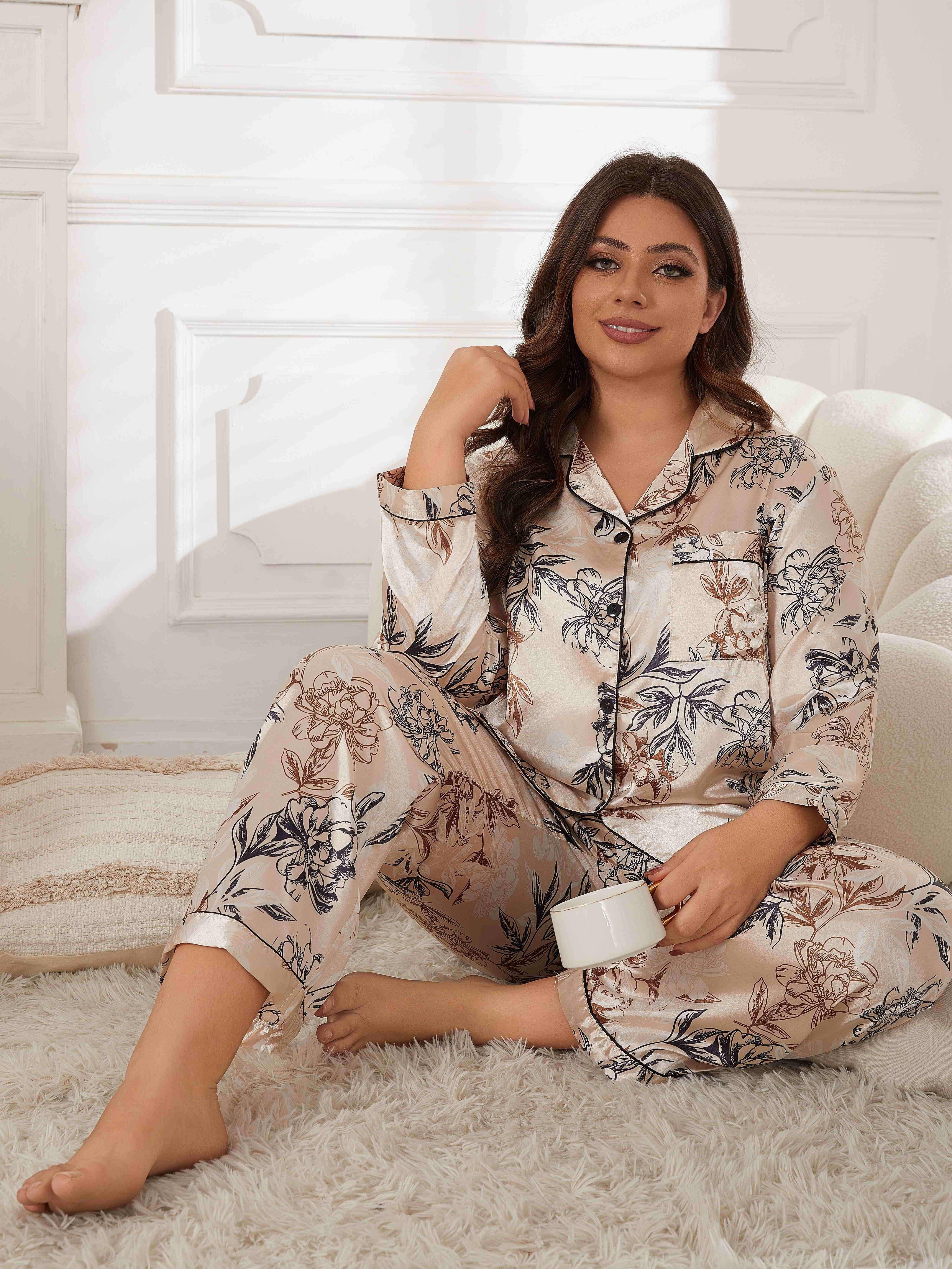 Plus Size Floral Satin Loungewear Set for Women Long Sleeve Pajamas