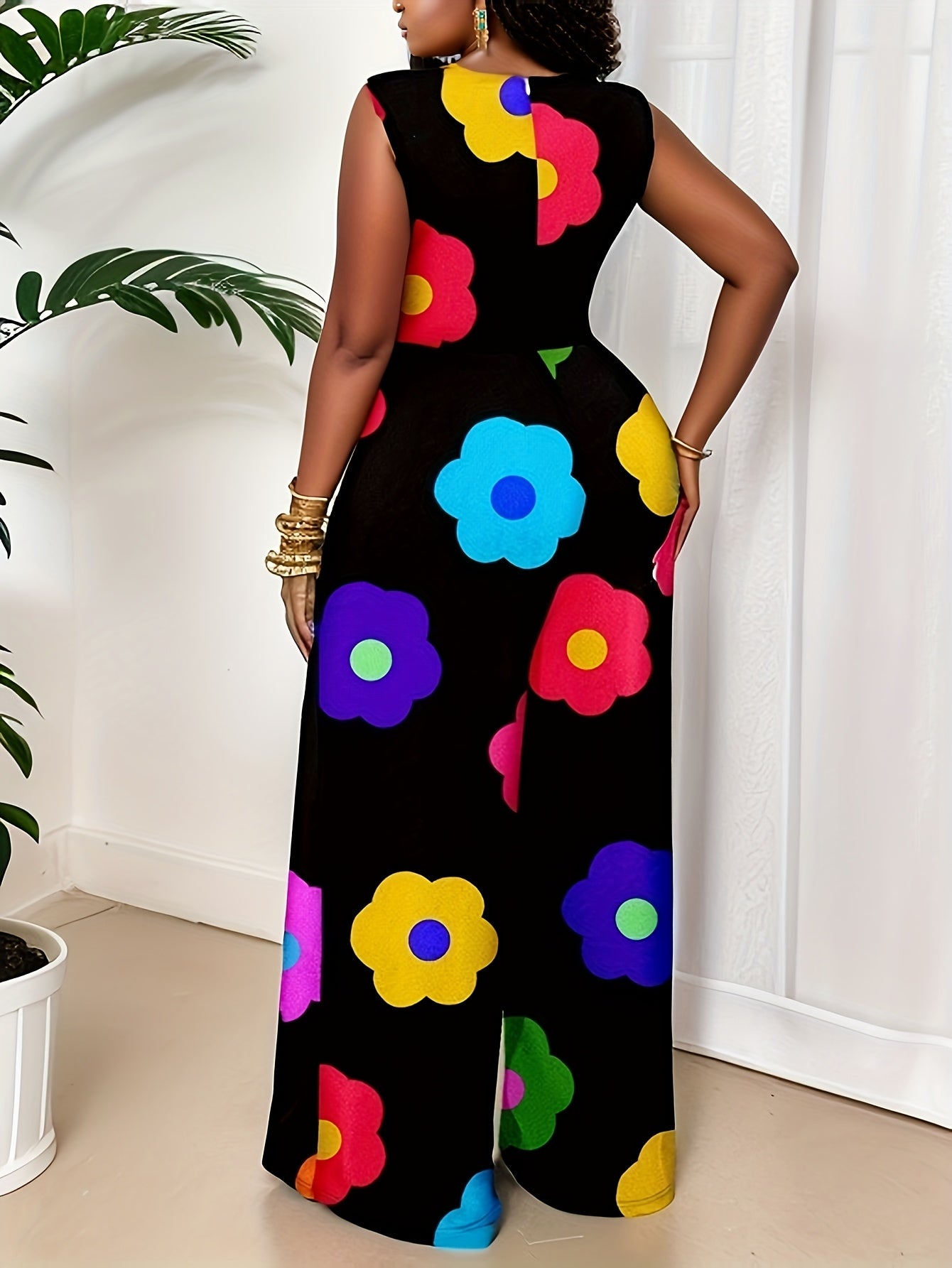 Plus Size Women's Sleeveless Floral Print Jumpsuit Black Summer Casual Easycare