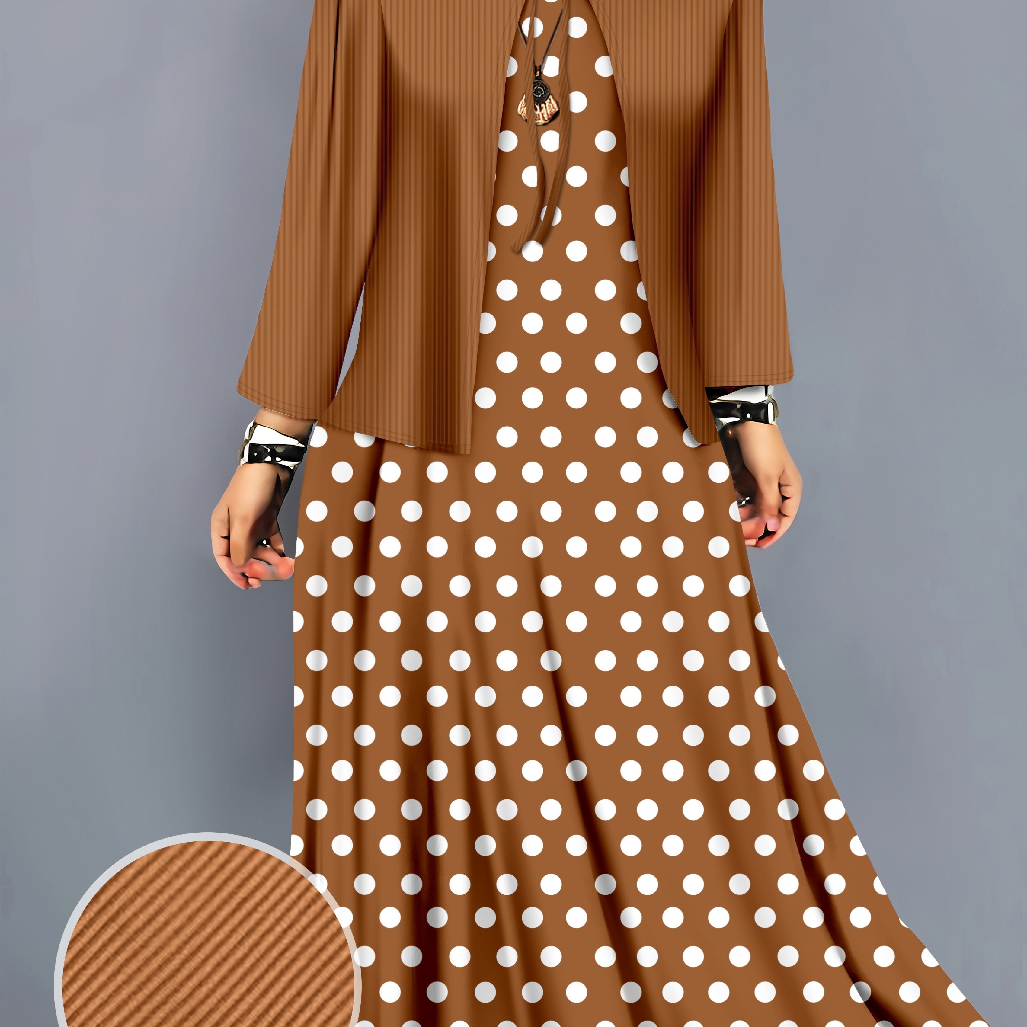 Plus-Size Green Polka Dot Midi Dress with Solid Cardigan Polyester Blend