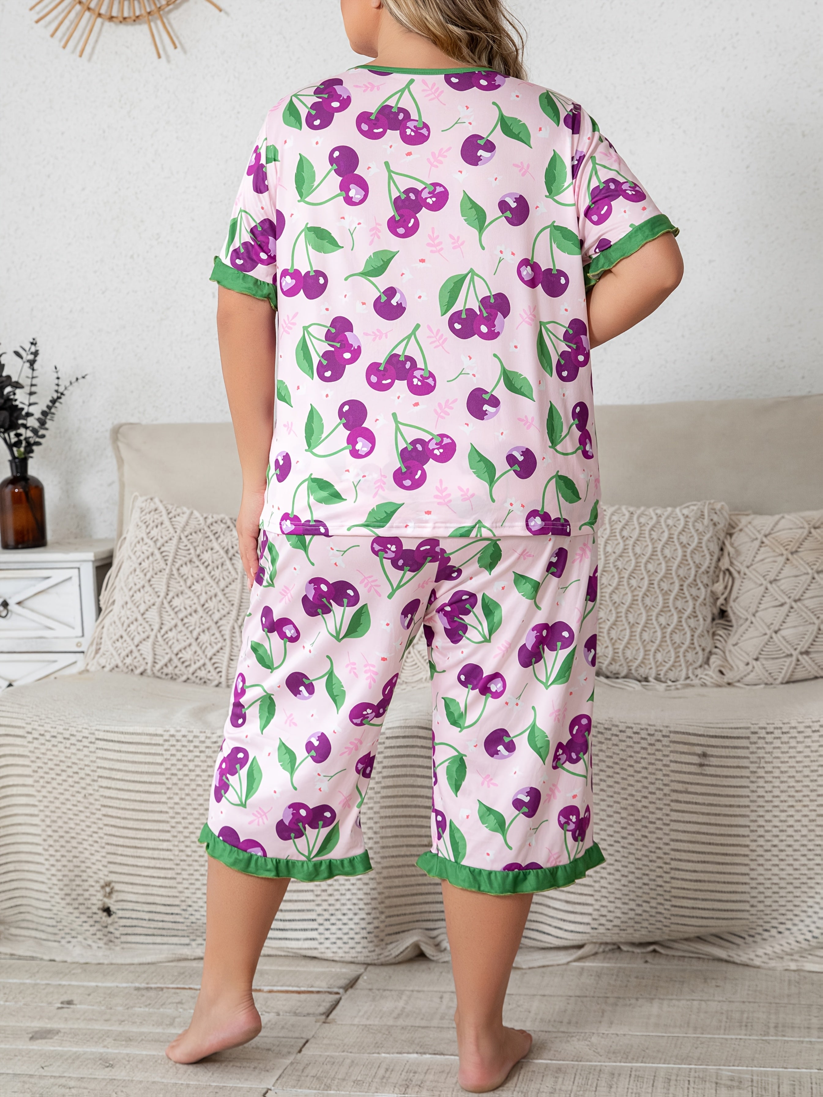 Women's Cherry Print Loungewear Set with Ruffled Sleeves and Cropped Pants