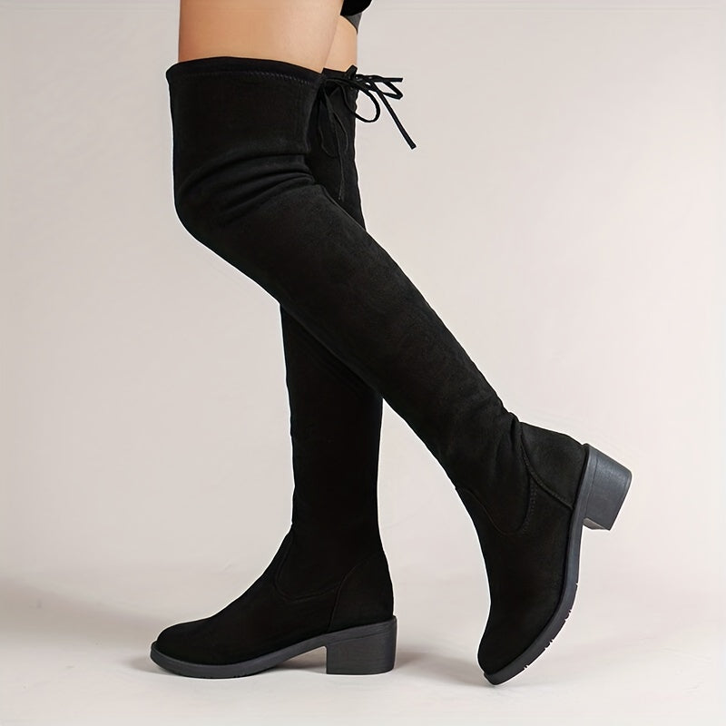 Women's Long Chunky Low Heel Pull-On Boots with Drawstring and Round Toe