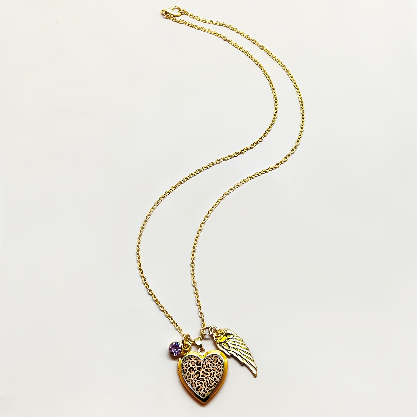 Heart-Shaped Photo Locket Necklace with Leopard Print December Birthstone Rhinestones Copper Gold