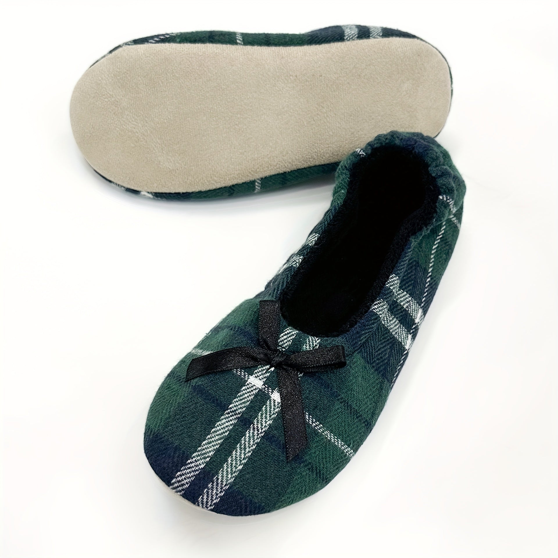 Women's Plaid Ballet Flats with Black Bowknot Casual Slip-On Round Toe