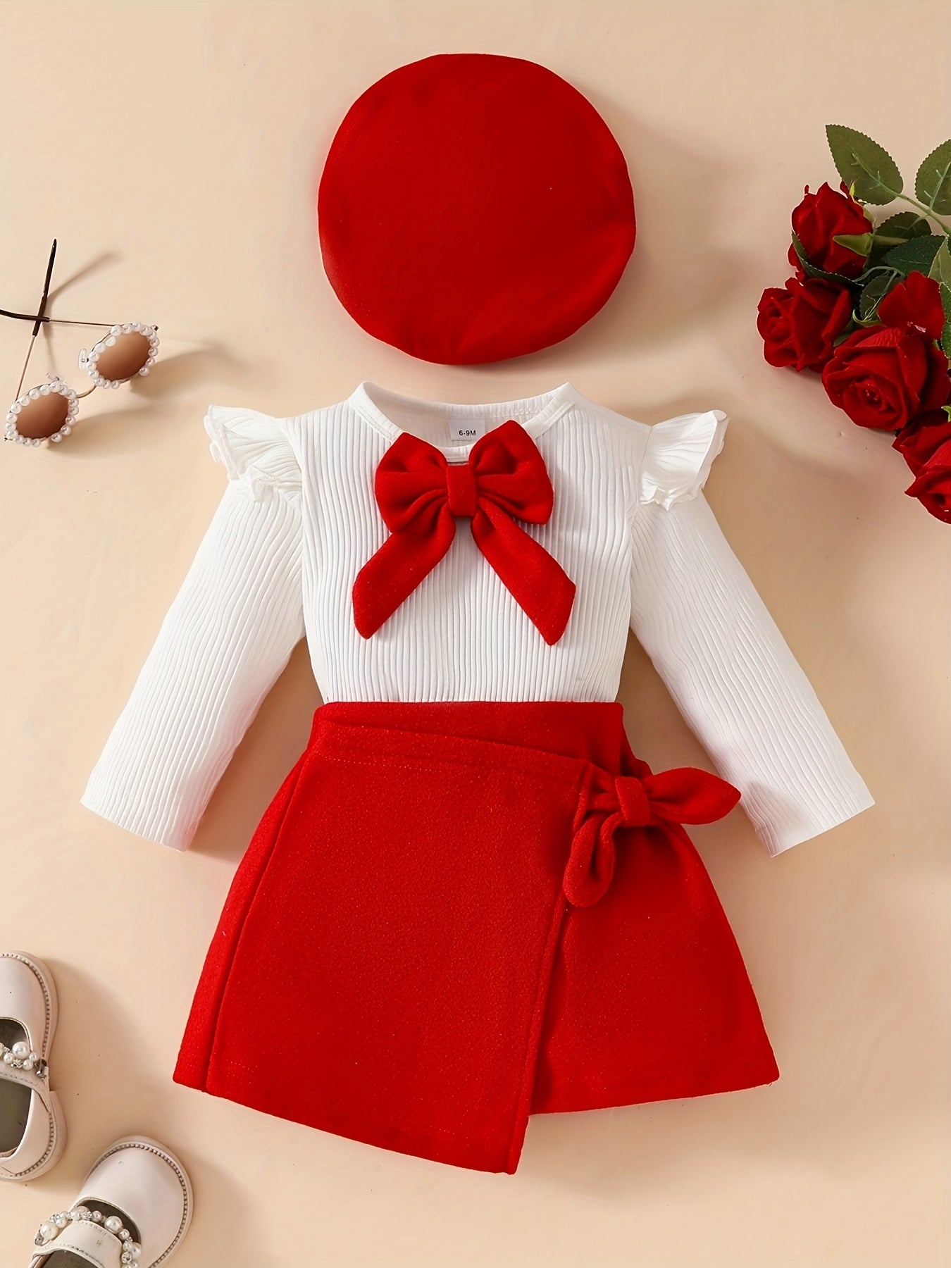 Girls Knit T-Shirt Set with Flared Skirt and Beret for Fall Winter
