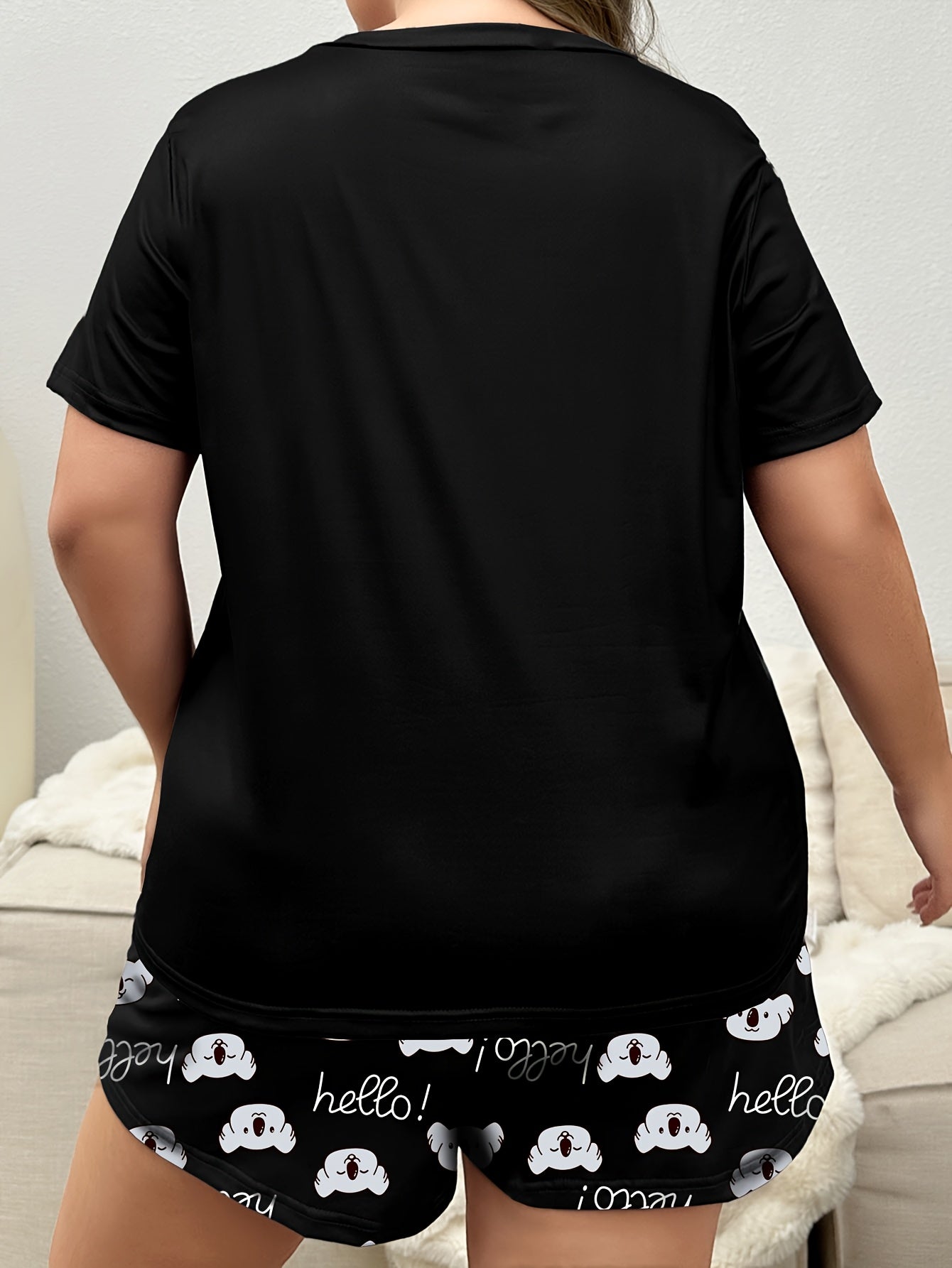 Plus Size Women's Pajama Set Cartoon Koala Print Short Sleeve Top and Bow Shorts