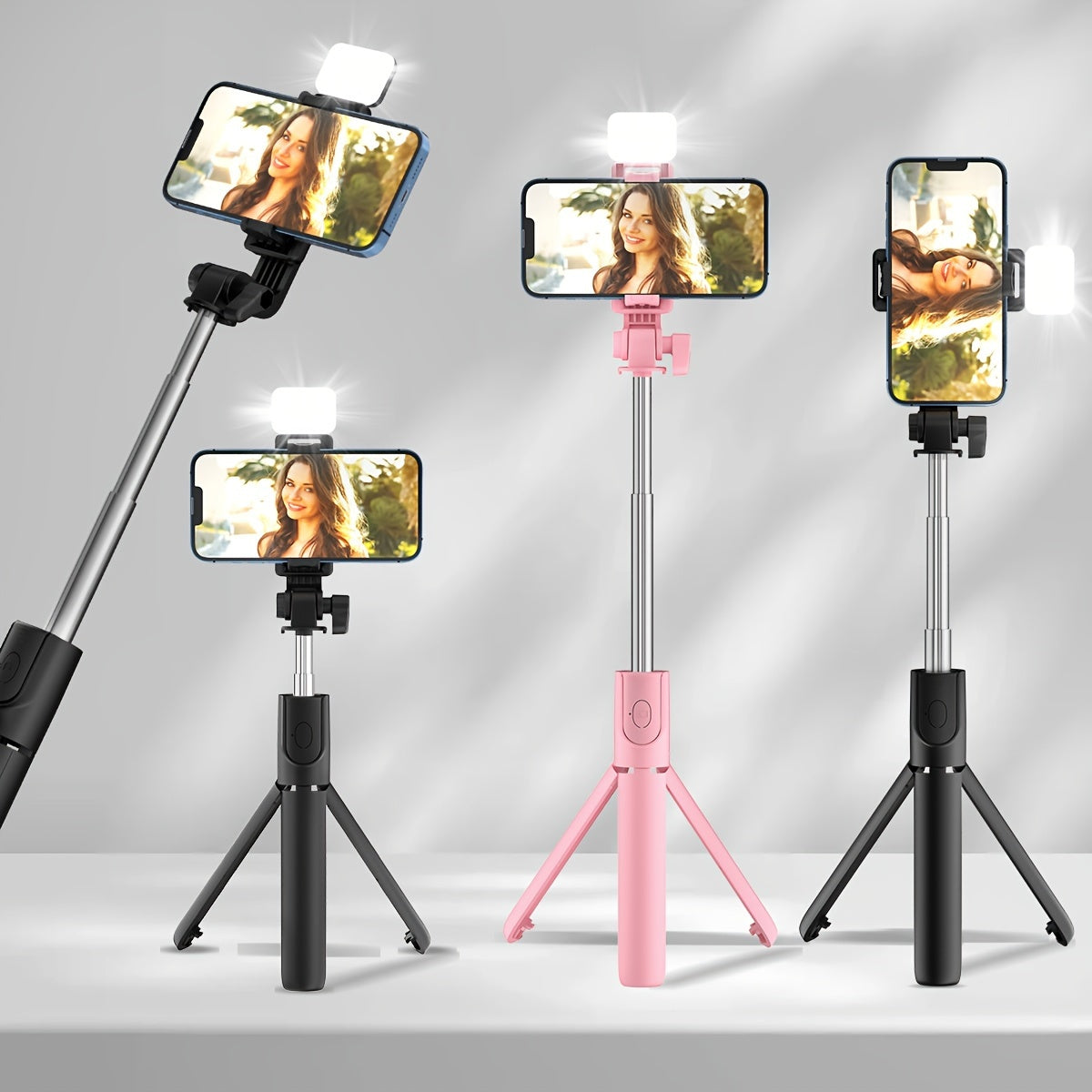 Новый селфи-палка-трипод с функцией анти-тряски, заполняющим светом, 360-градусным вращением, ручным держателем для мобильной трансляции и универсальными возможностями съемки.