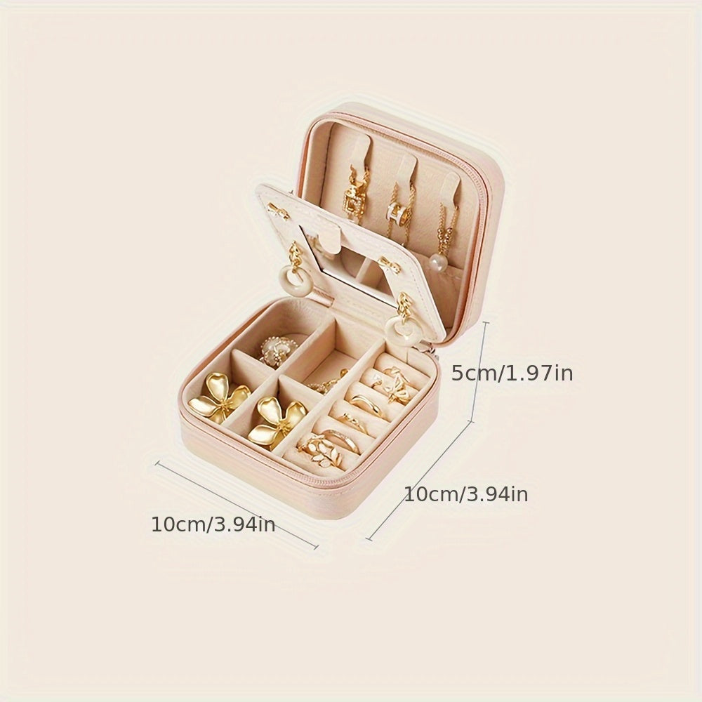 Organizador pequeño de joyas con espejo y cierre de cremallera para viaje, con tres capas y múltiples compartimentos