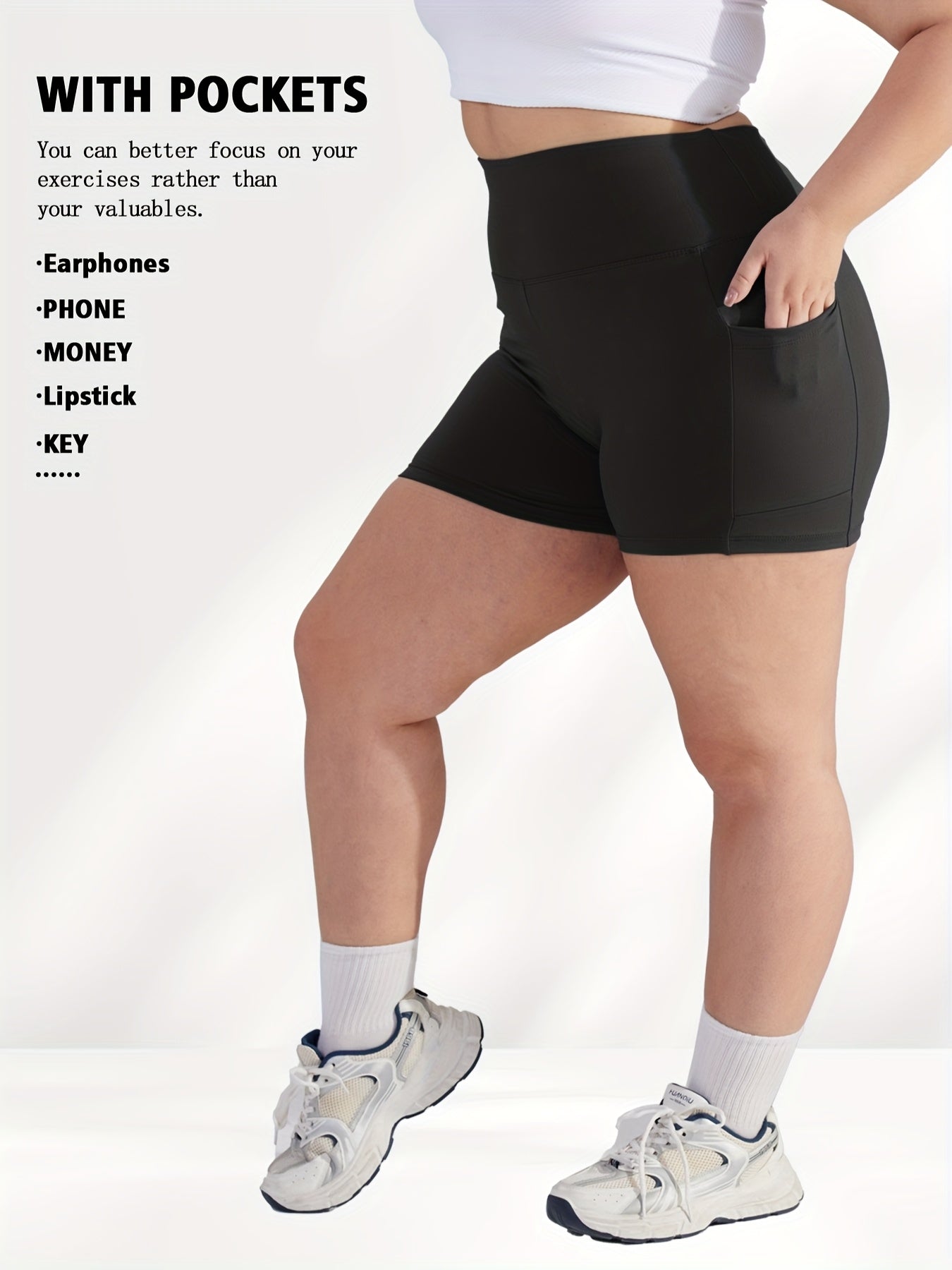 Pantalones cortos de cintura alta elásticos con bolsillos, pack de 3, negro, gris, púrpura oscuro