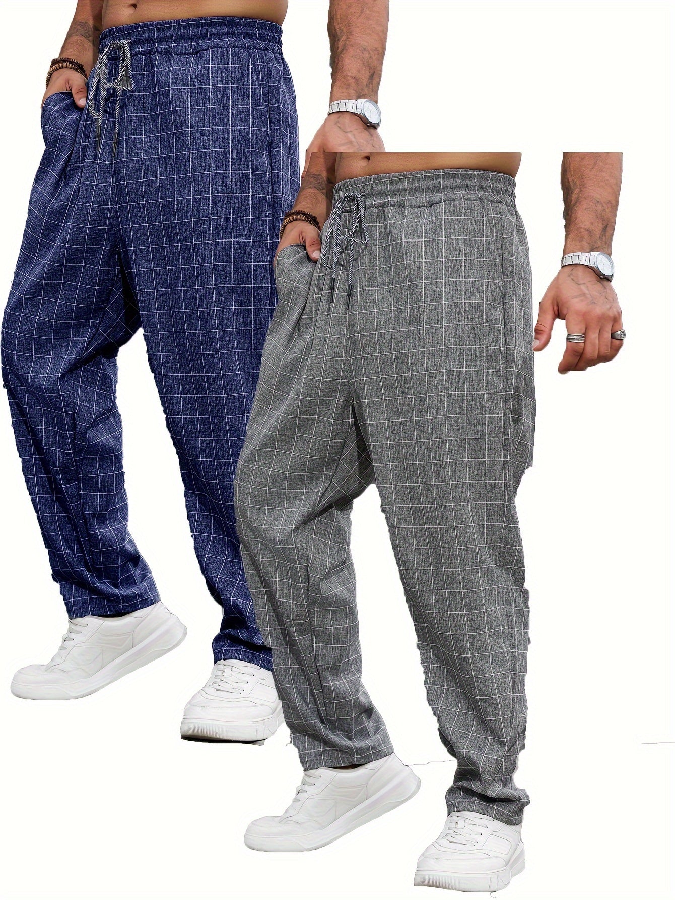 Plus Size Men's Casual Plaid Polyester Pants Set of 2 All-Season
