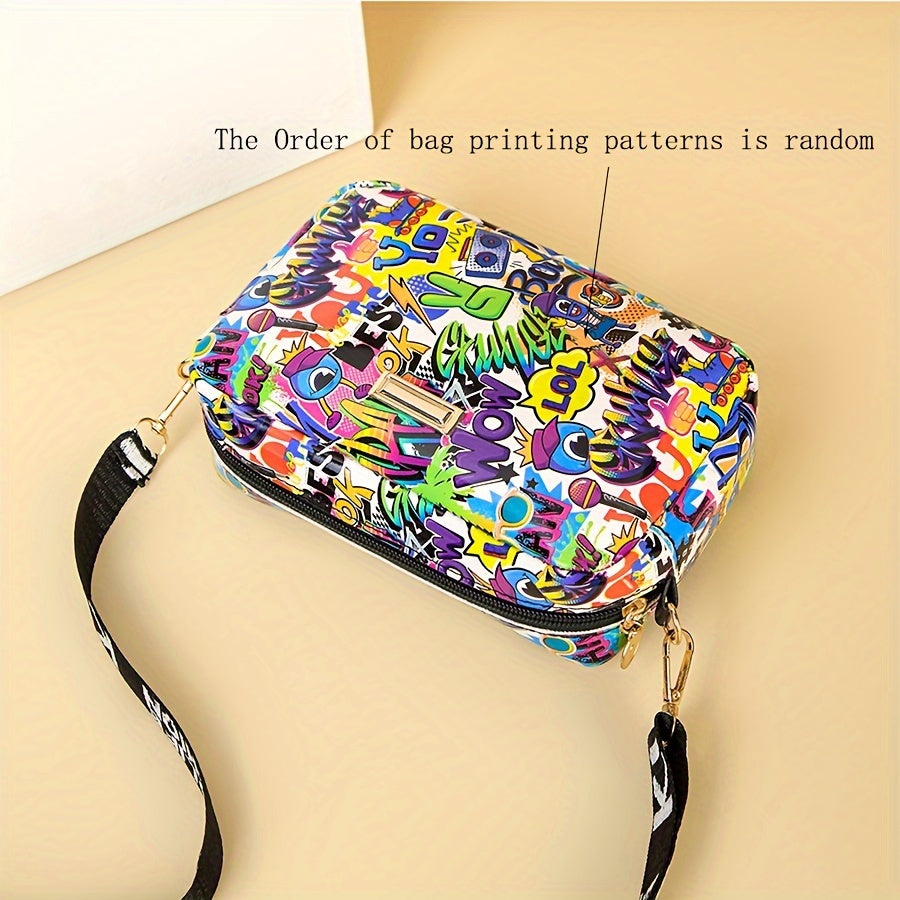 Women's Graffiti Print Crossbody Bag with Removable Strap Glitter Embellishment