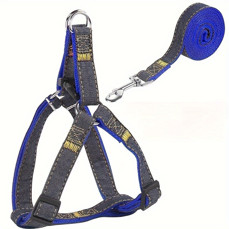 Adjustable Denim Dog Harness and Leash Set for Small to Large Breeds Polyester