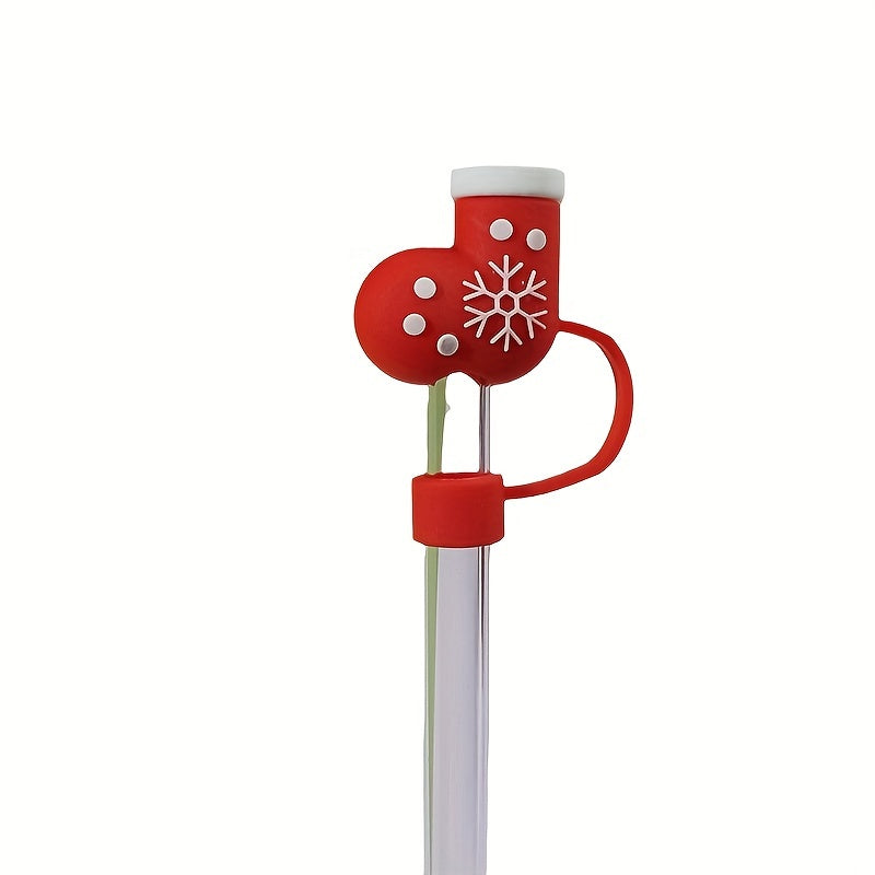 Set of 5 Reusable Silicone Straw Lids Christmas Santa Tree Fits 10mm Straws