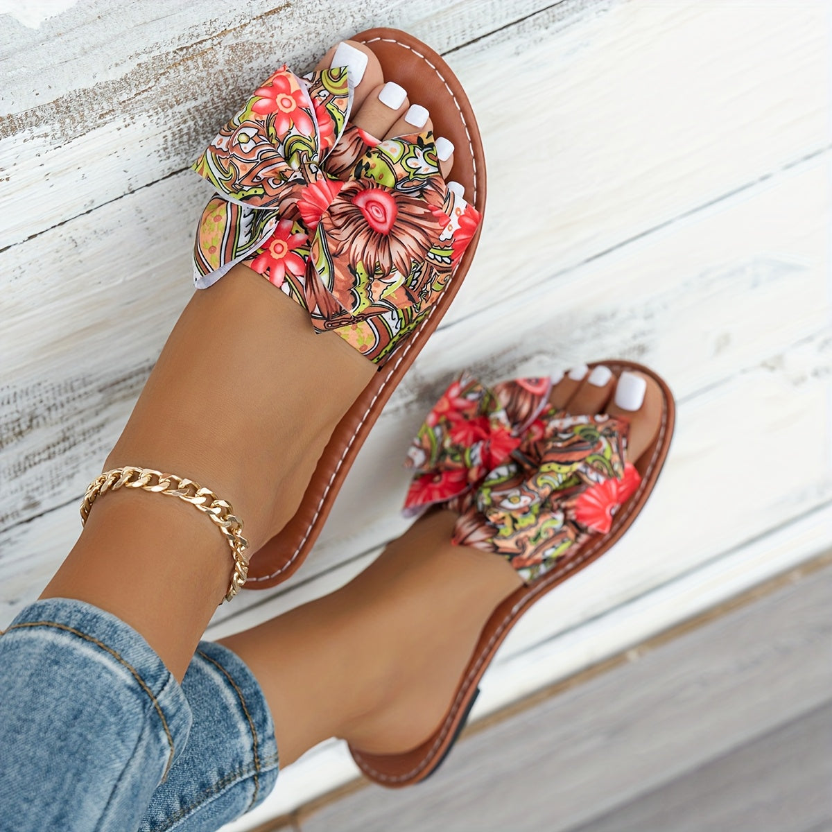 Women Bohemian Floral Slide Sandals Vibrant Blue Orange Green Strappy