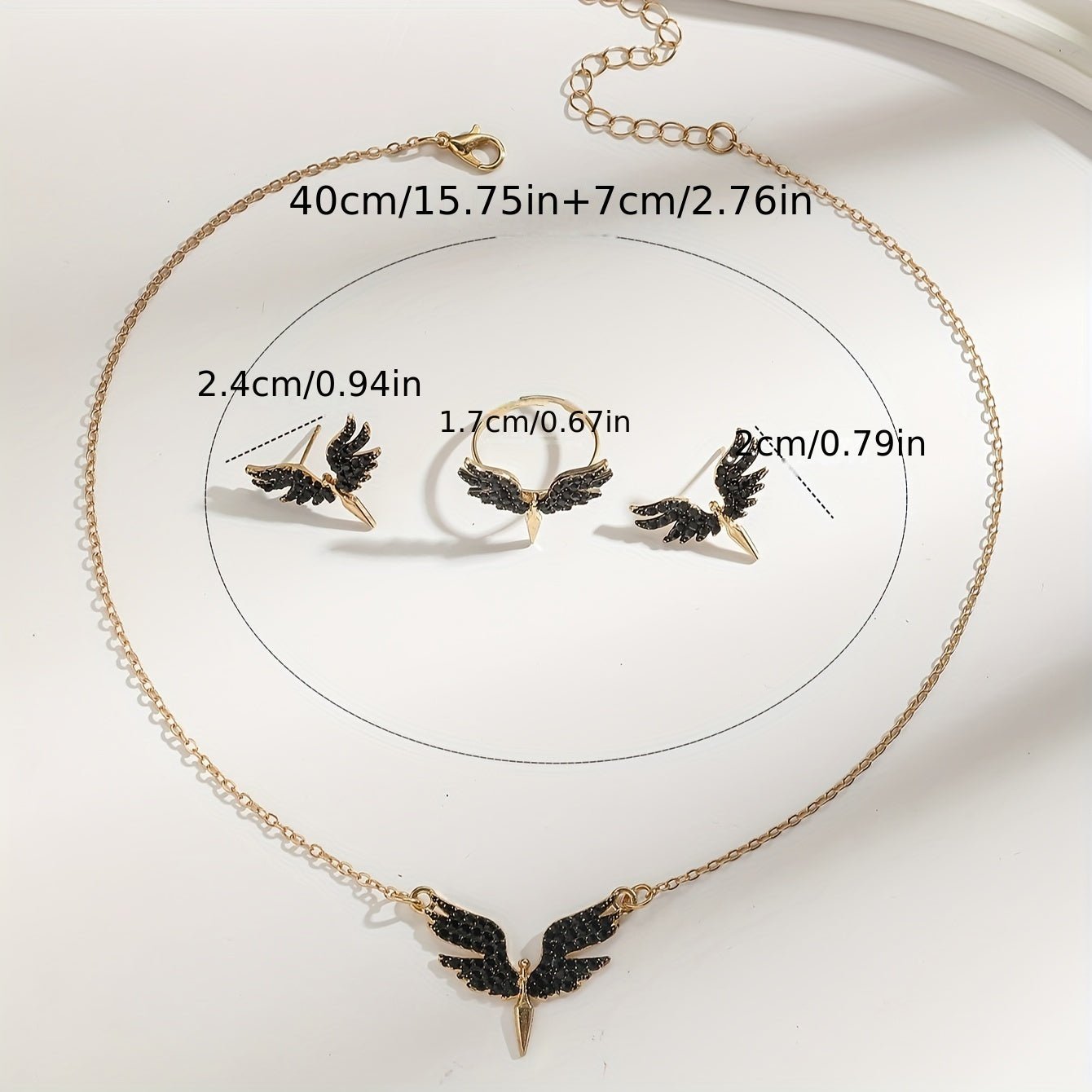 Women's Angel Wing Jewelry Set Gold Tone Black Accents Necklace Earrings Ring Gift for Women