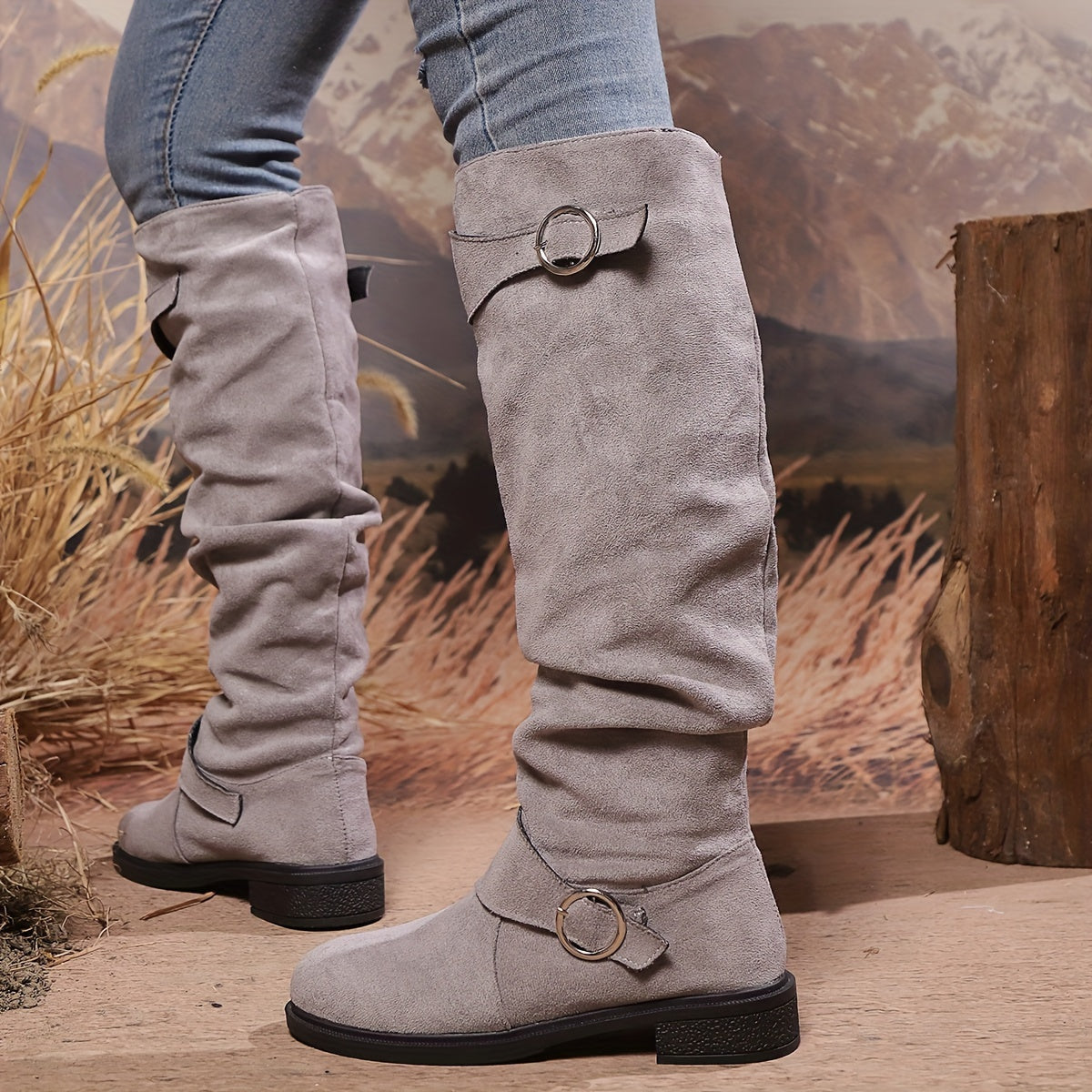 Women's Leather Button Pleated High Top Knee Boots