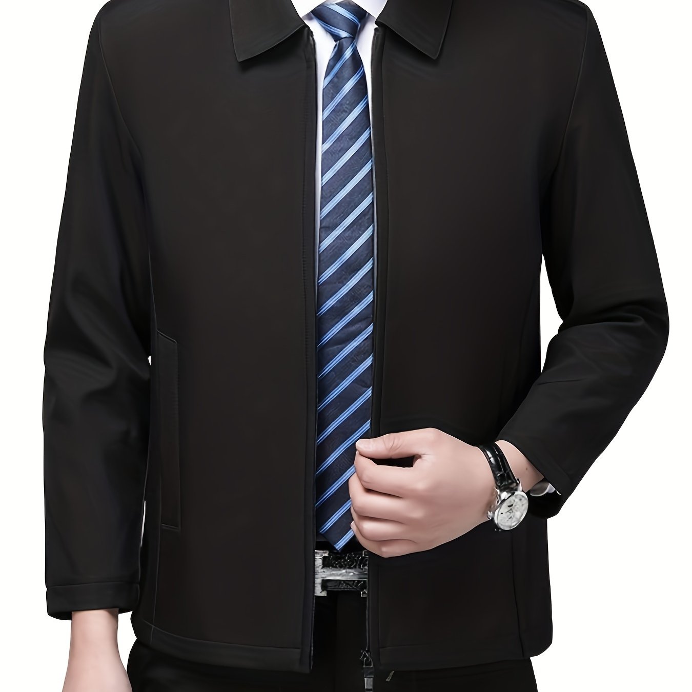 Men's Waterproof Polyester Business Casual Jacket with Zipper and Lapel Collar
