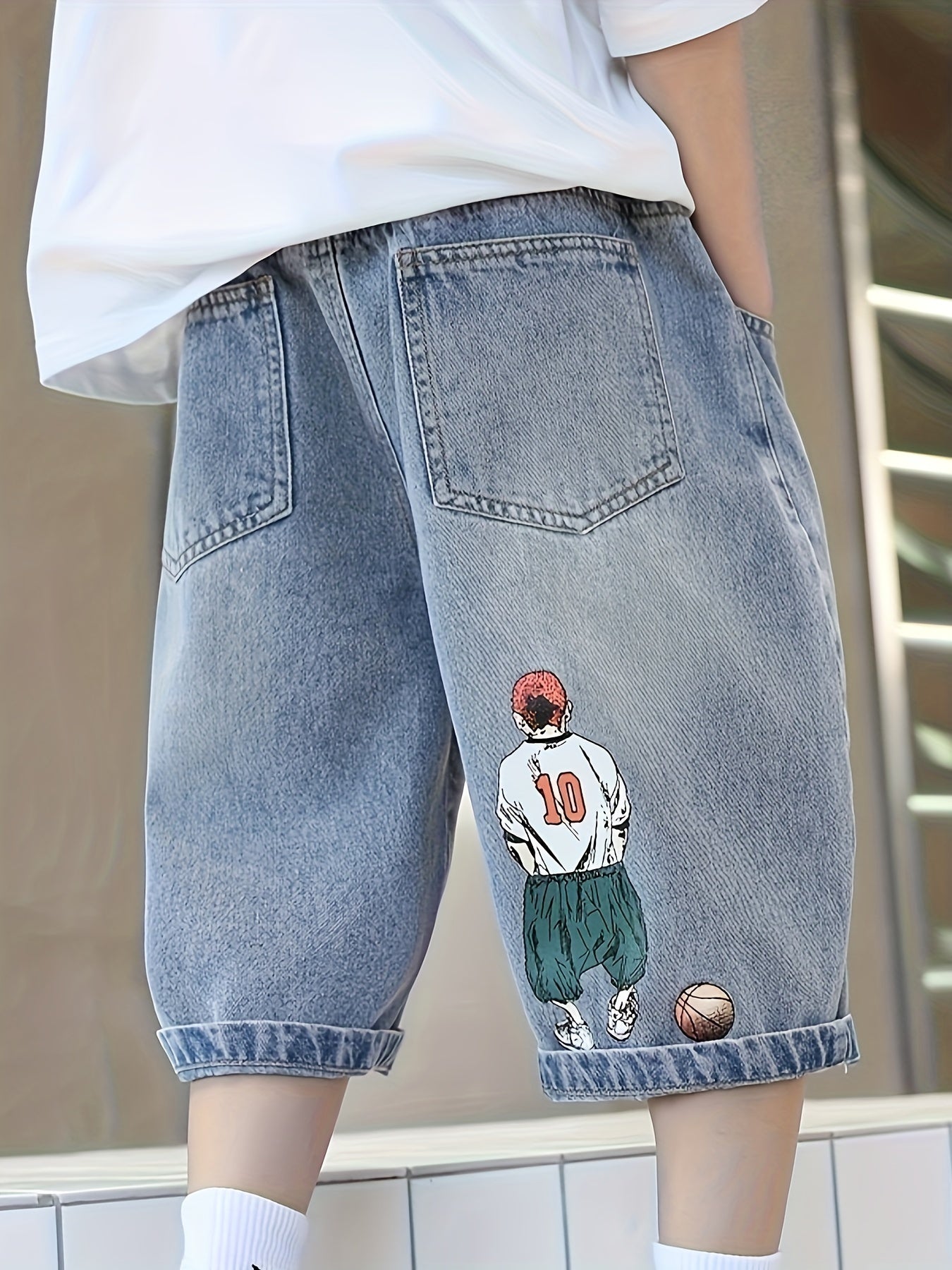 Boy's Wide Leg Cropped Jeans with Cartoon Graphics Loose Fit for All Seasons