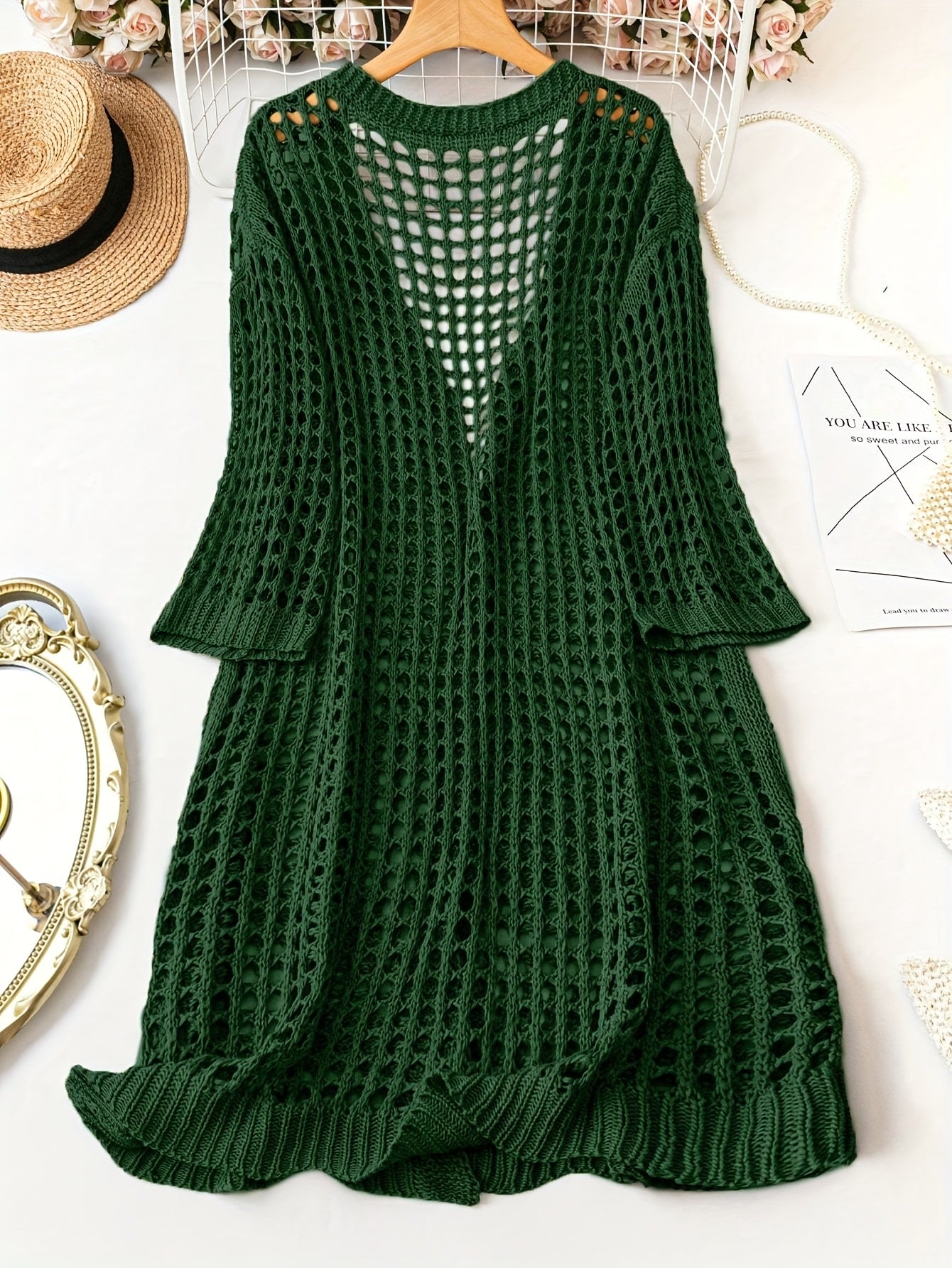 Women Plus Size V-Neck Cardigan Acrylic Hollow Knit Solid Spring Summer