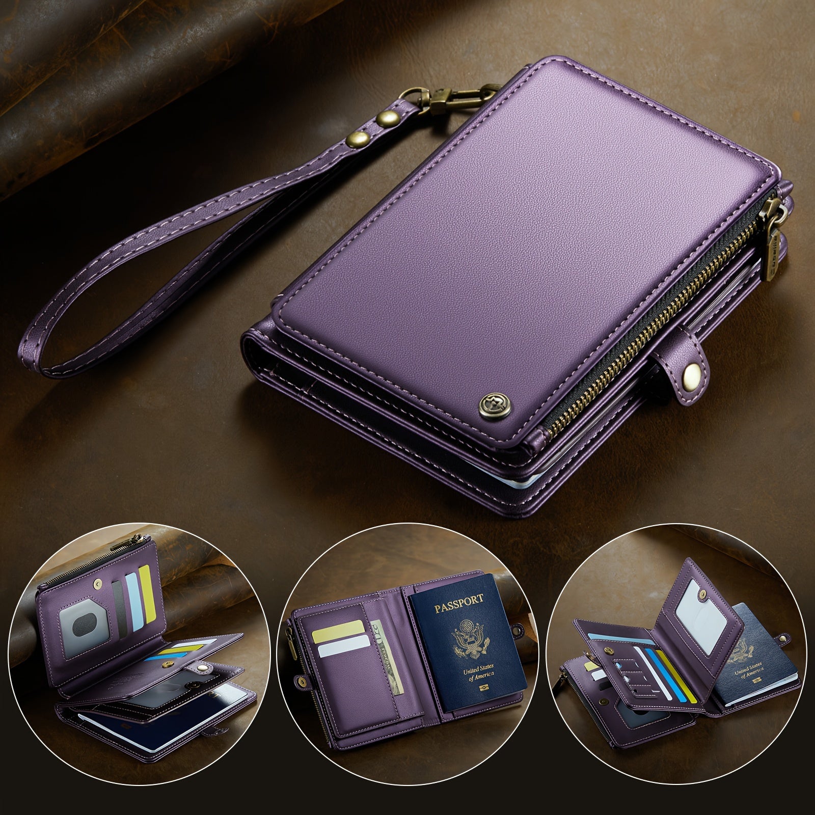 Faux Leather Passport Organizer with Zipper Coin Purse 11 Card Slots Cash Slots and Protective Cover