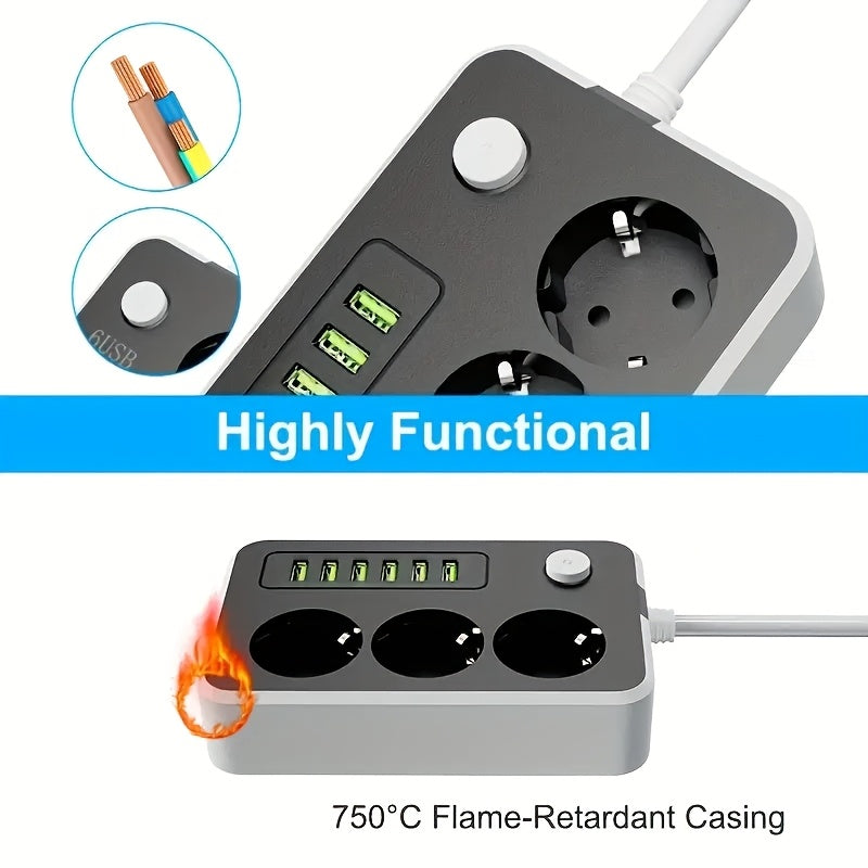 Regleta de alimentación versátil con 3 tomas de corriente AC, 6 puertos USB, cable de extensión de 149cm para hogar, oficina y exterior