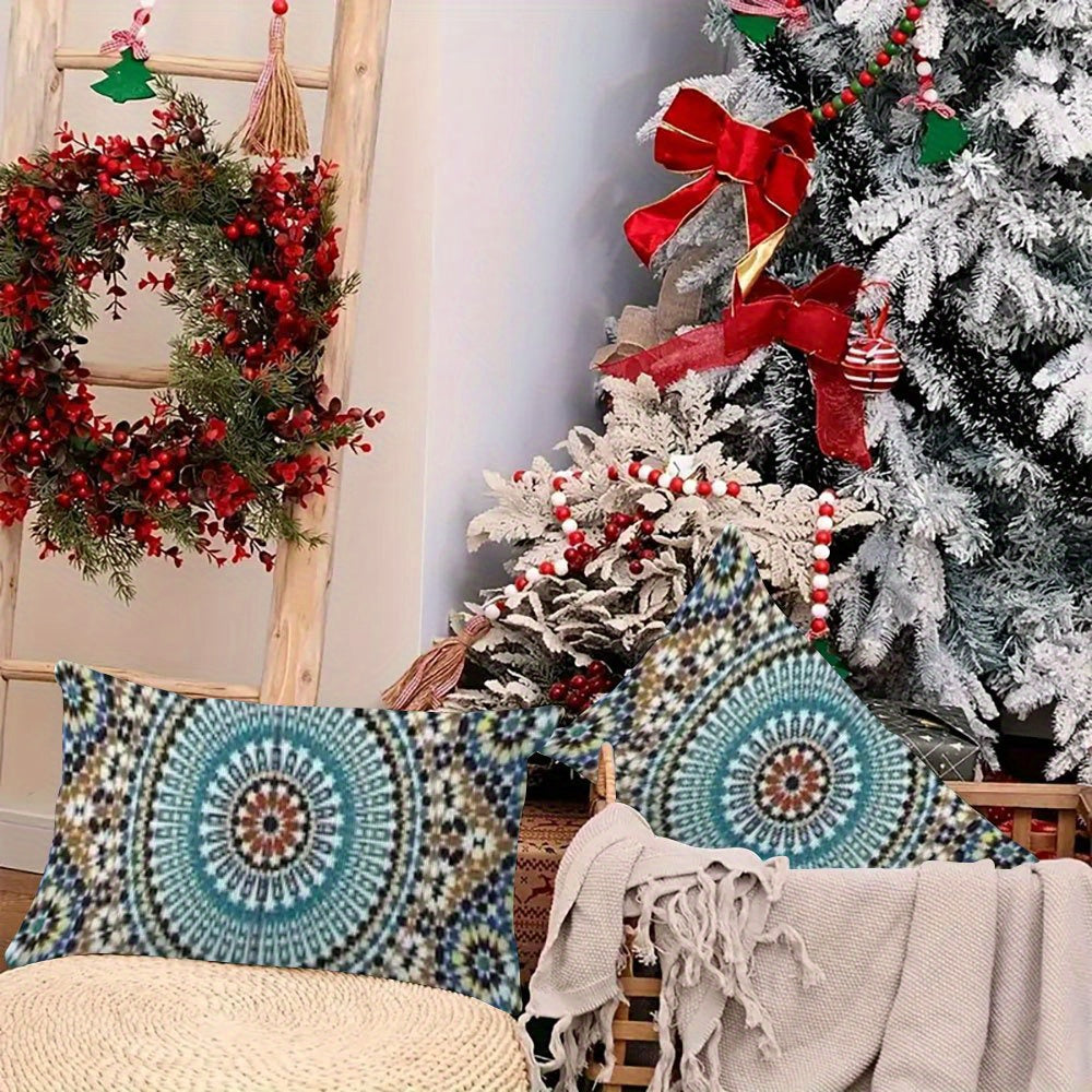 Ikki dona Marokash Zellij san'ati naqshli yostiq qopqog'i to'plami, har biri 30.48x50.8 sm o'lchamda. Divan yoki yotoq xonasi bezatishiga uslub qo'shish uchun mo'ljallangan ikki tomonlama qisqa plush dizayni mavjud.