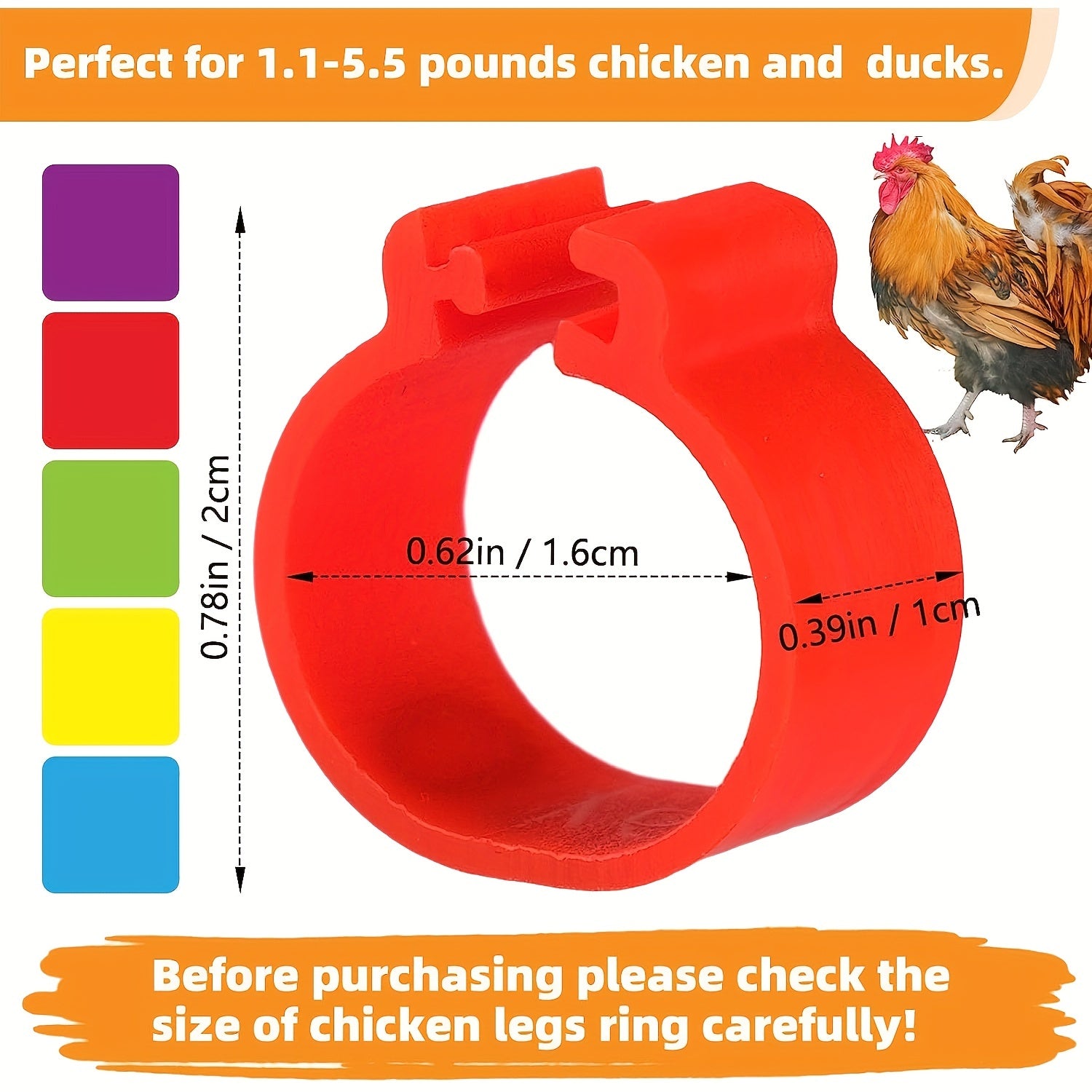 Pack of 100 Colorful Numbered Plastic Poultry Leg Bands for Identification 16mm