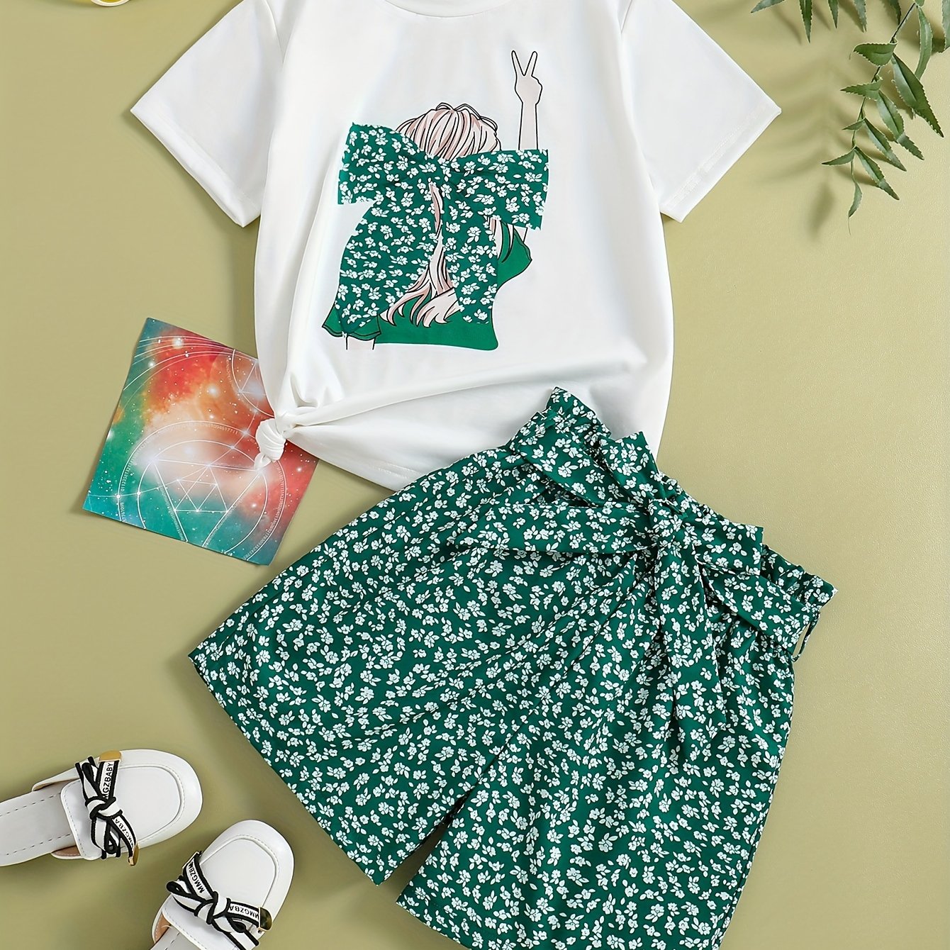 Girls Summer Outfit Set with Floral Shorts and Crew Neck Short Sleeve Top