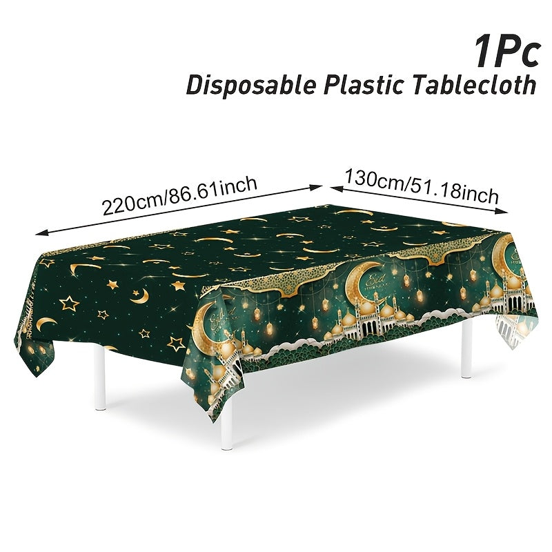 Green and Gold Eid Mubarak Tablecloth 130x220cm Plastic Ramadan Eid Celebration