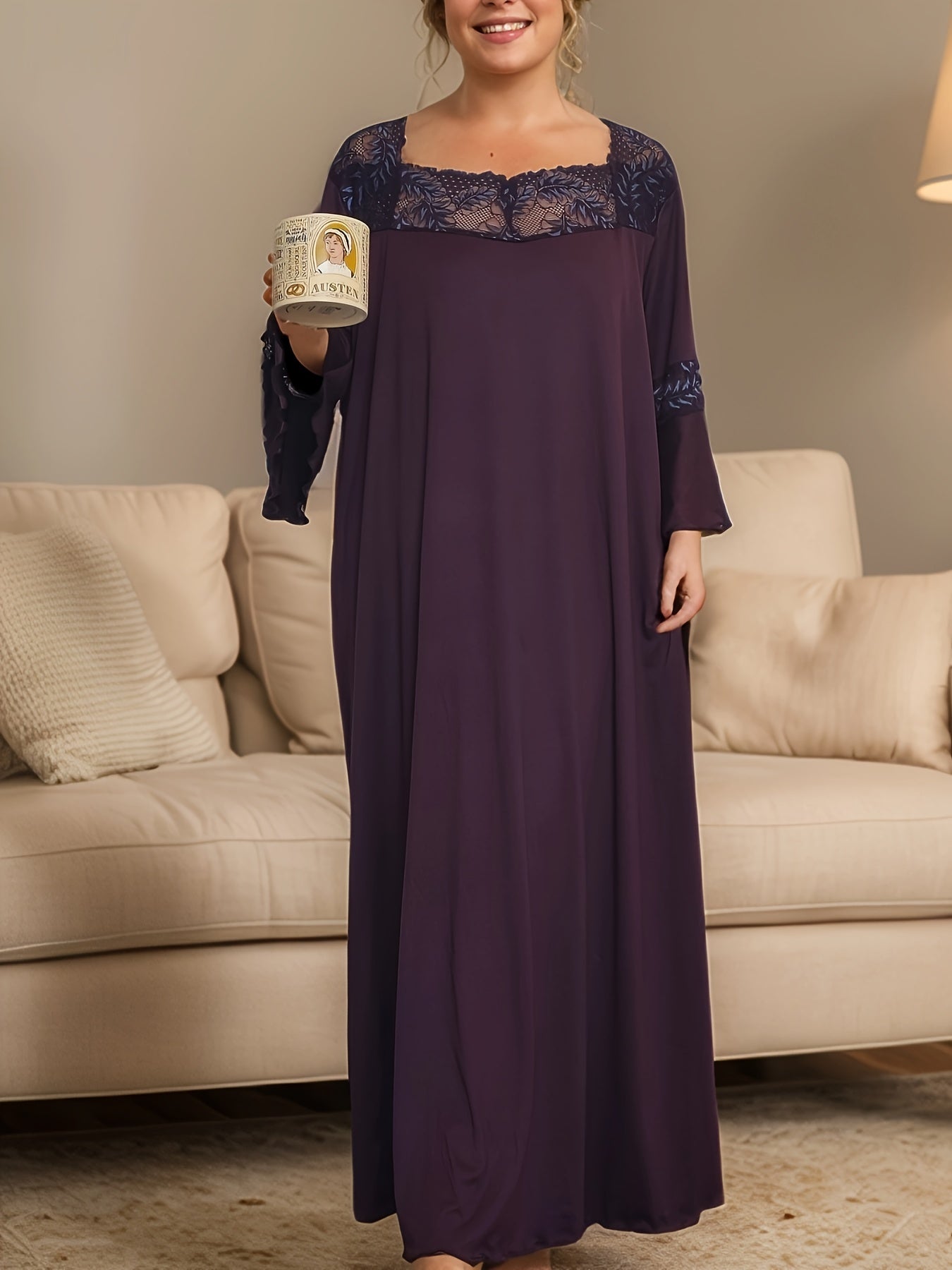 Plus Size Women's Lace Trim Sleep Dress with Ruffled Shoulders and Pocket