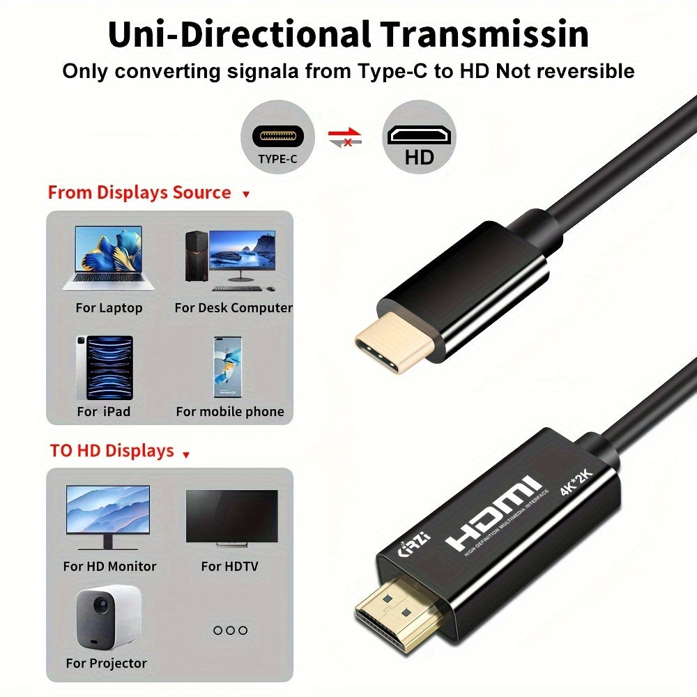 4K USB-C to HDMI Cable Thunderbolt 3/4 Compatible Flat Black for MacBook Pro iPad Pro Samsung Galaxy Surface Devices