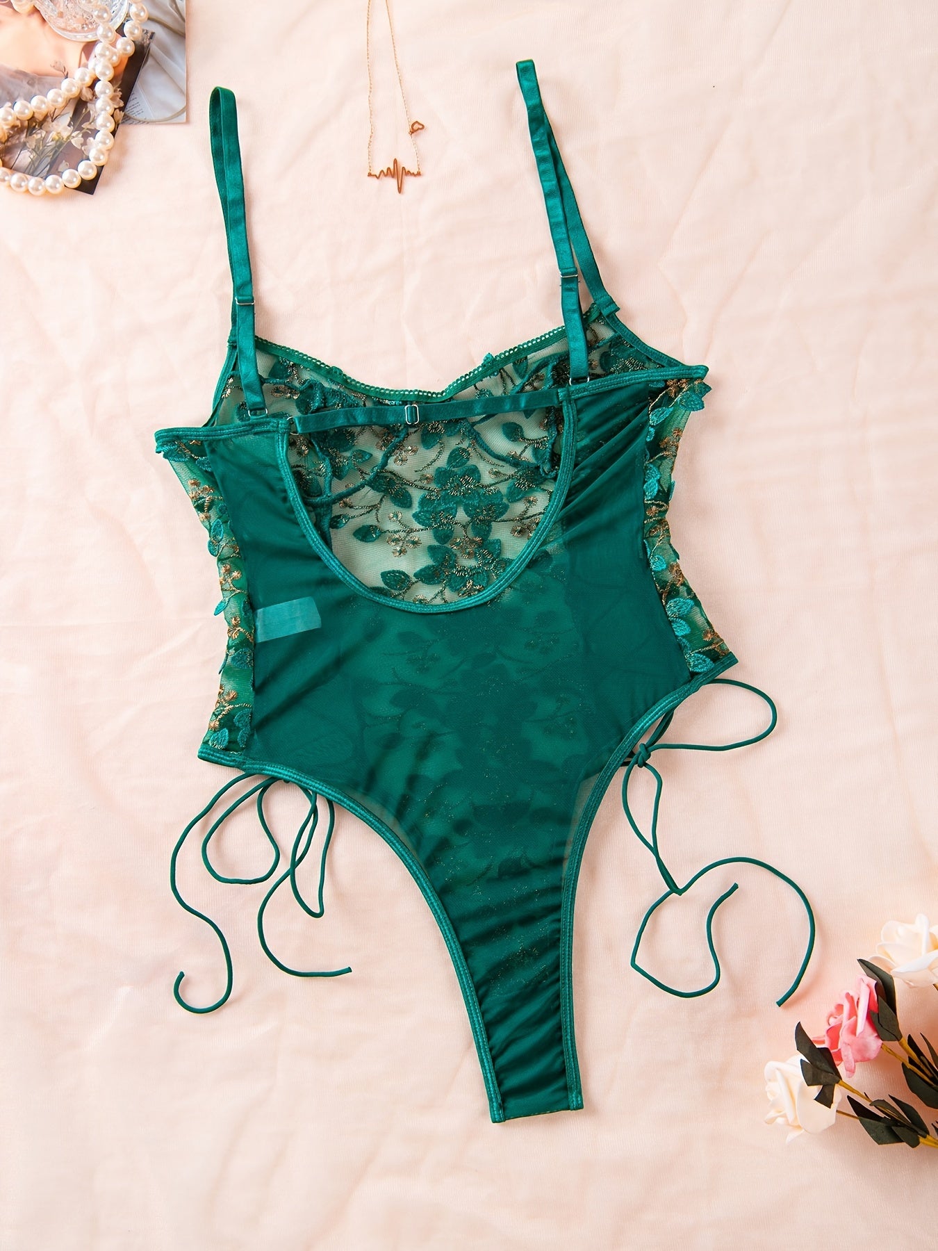 Women's Floral Lace Teddy and Mesh Backless Thong Lingerie