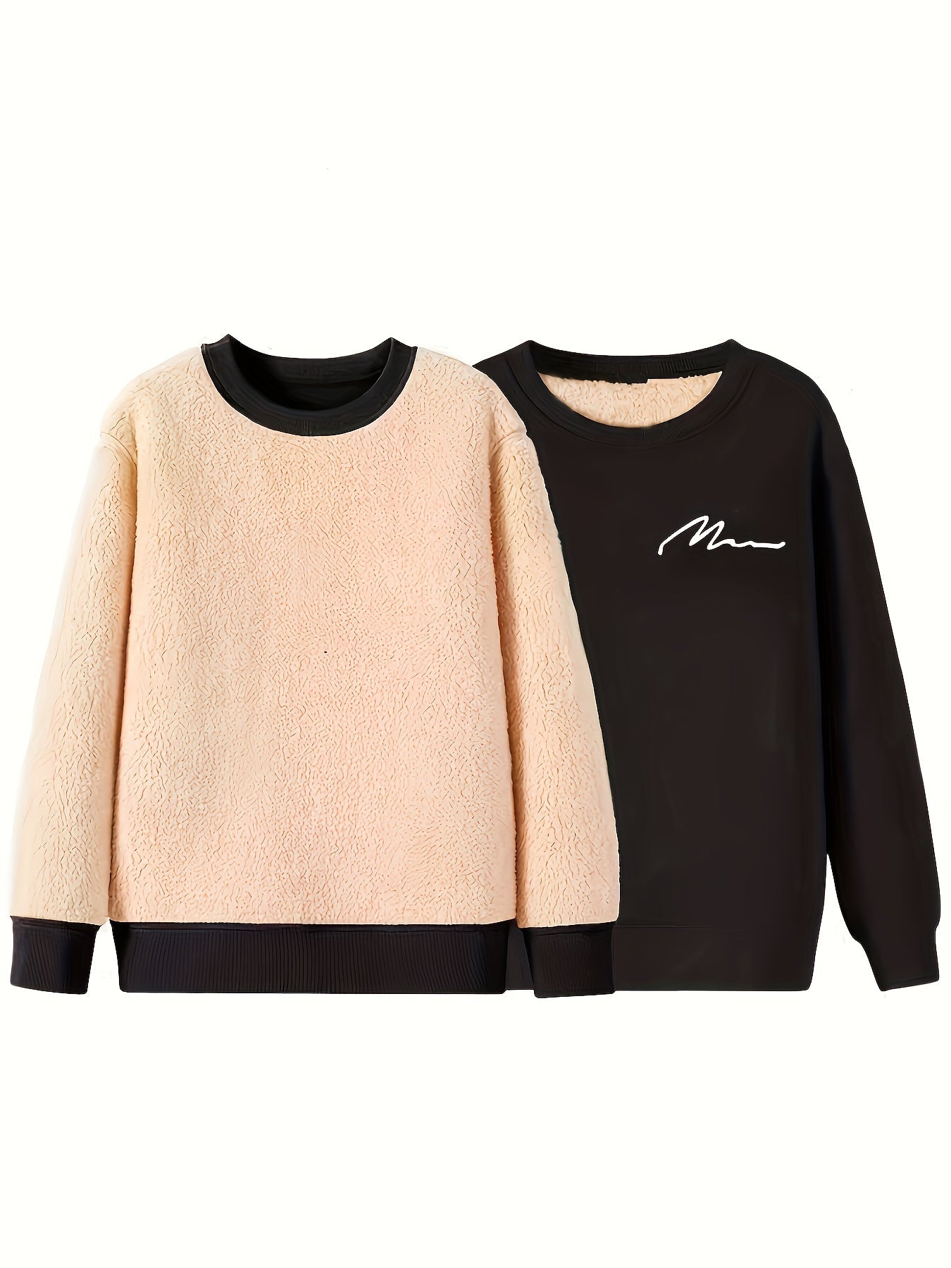 Men's Fleece-Lined Letter Print Sweater with Long Sleeve Crew Neck