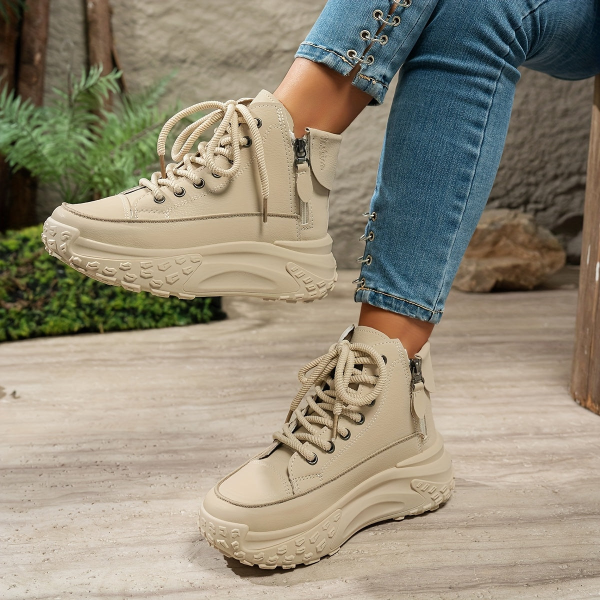 Women's High-Top Platform Sneakers with Rubber Sole Slip-Resistant Beige Black