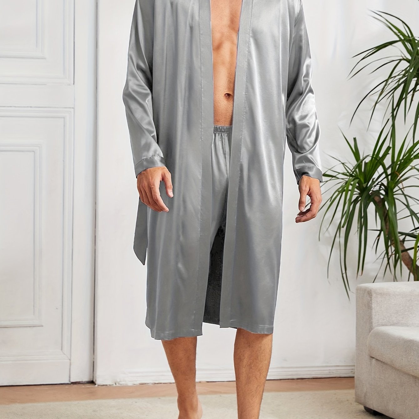 Men's Satin Casual Pajama Sets with Solid Robe and Loose Shorts