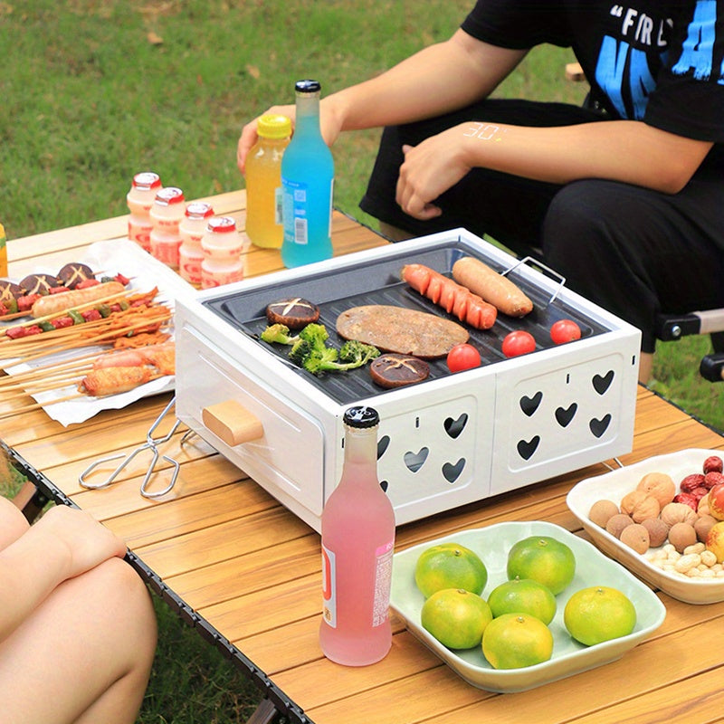 Portativ kvadrat BBQ grill, yopishmaydigan qoplama bilan - Kamping, uy va ochiq havoda pishirish uchun ko‘p maqsadli ko‘mir pechasi. Stainless steel konstruktsiya, choy qaynatish va go‘sht grill qilish uchun ideal.