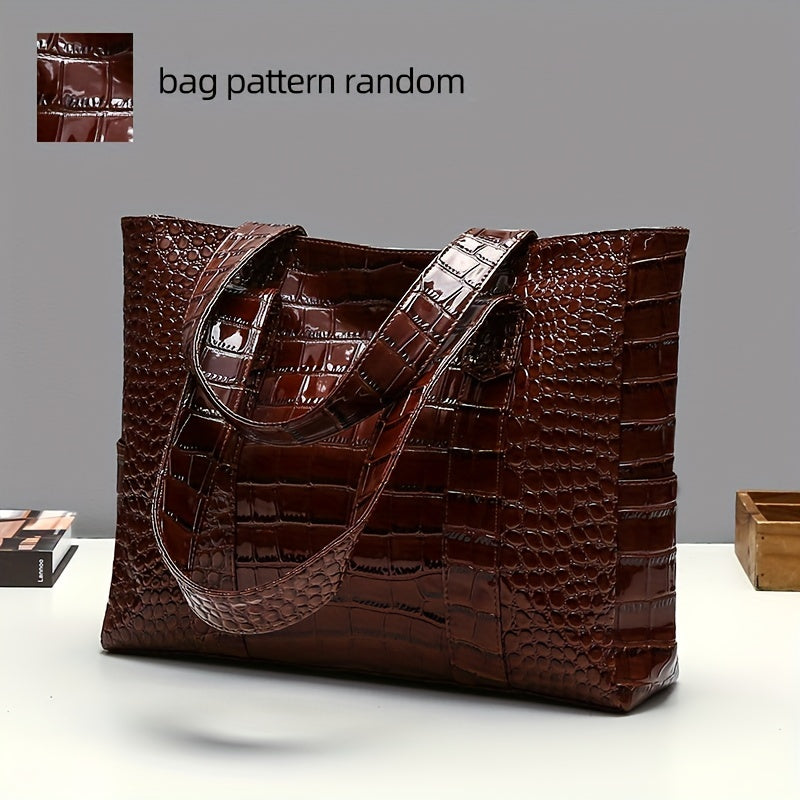 Blue Crocodile-Embossed PU Tote Bag with Zipper Closure for Women