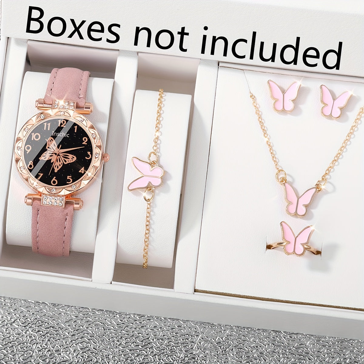 Pink Quartz Watch with PU Leather Strap Zinc Alloy Dial and Butterfly Jewelry for Women