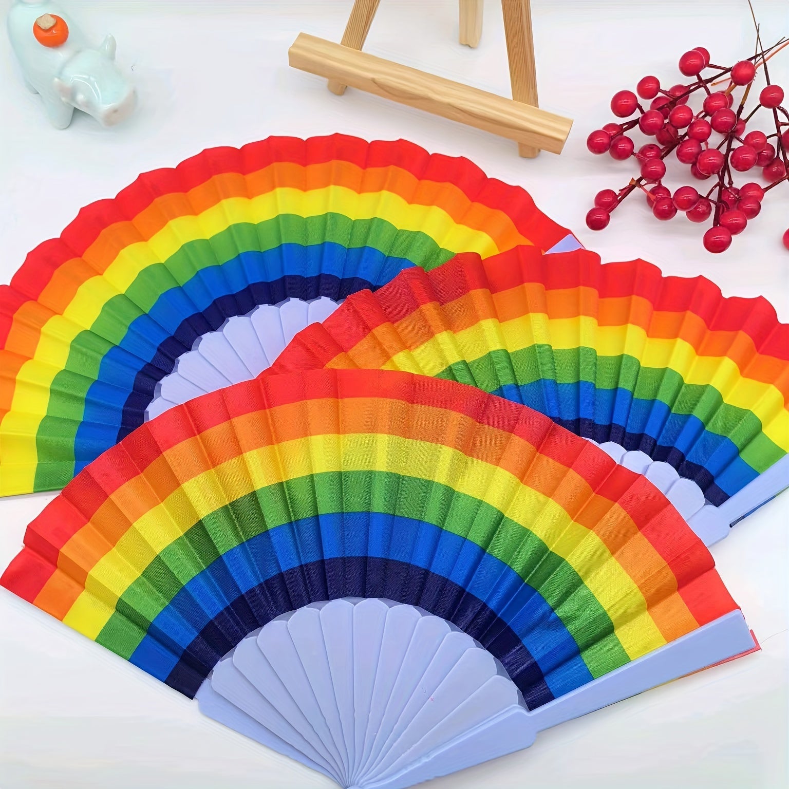 Set of 12 Rainbow Folding Fans Linen Fabric for Women Festive Party Decor