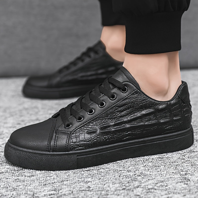 Men's Black Crocodile Pattern Casual Sneakers with Soft Sole and Lace-Up