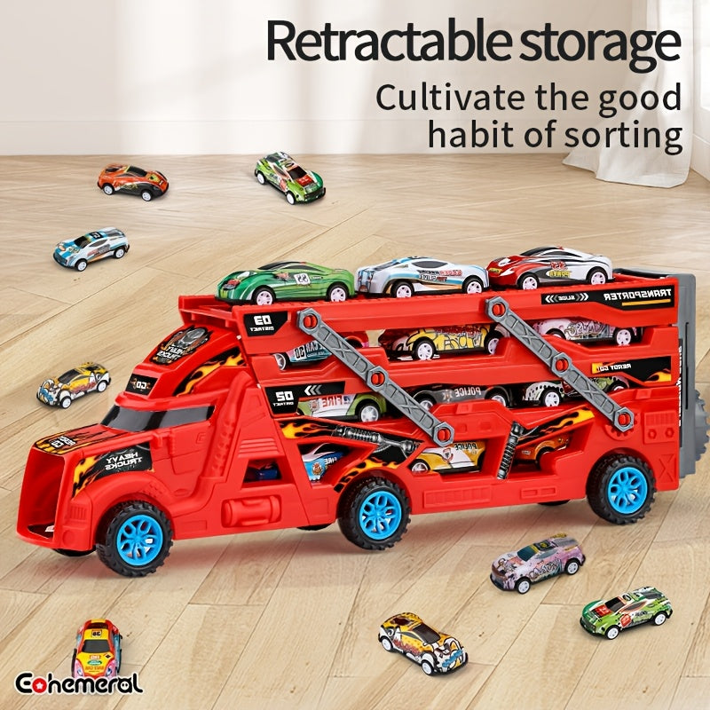 Coche de pista de bombero con diseño plegable transformable y mini coches de regalo para niños de 3 años en adelante