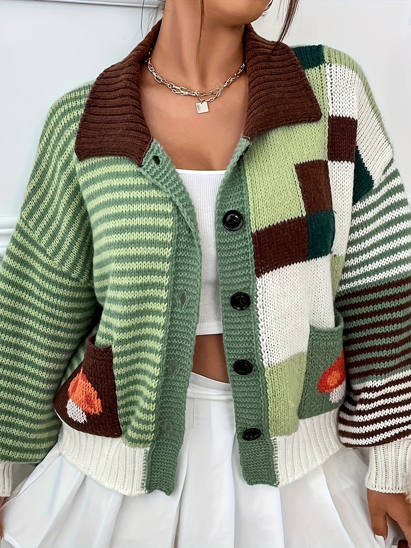 Women's Patchwork Striped Cardigan Polyester Knit Fabric Fall Winter Coat