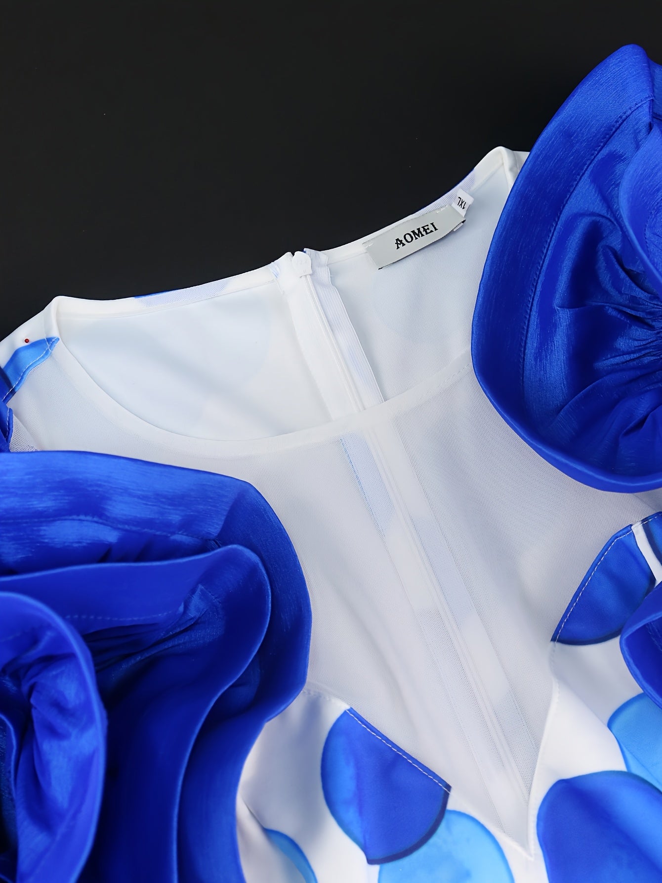 Women's Blue Polka Dot Midi Bodycon Dress with Ruffle Sleeves