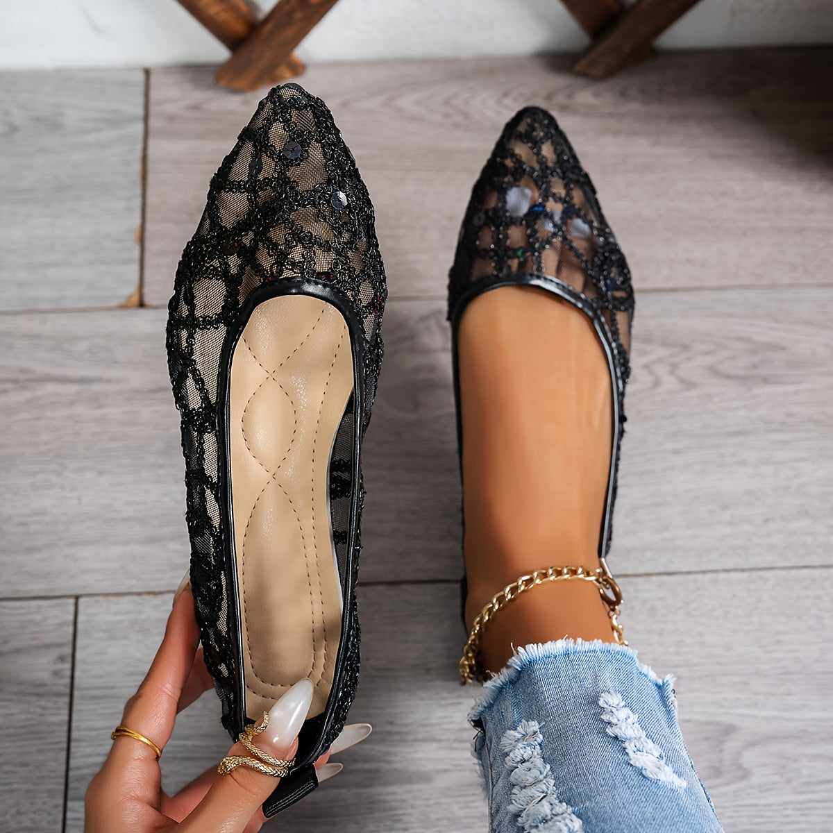 Ayollar uchun tarmoq balet tuflari, shampanli qimmatbaho toshlar bilan, nuqtali barmoqli, osongina kiyinadigan, partiyali va kundalik kiyim uchun