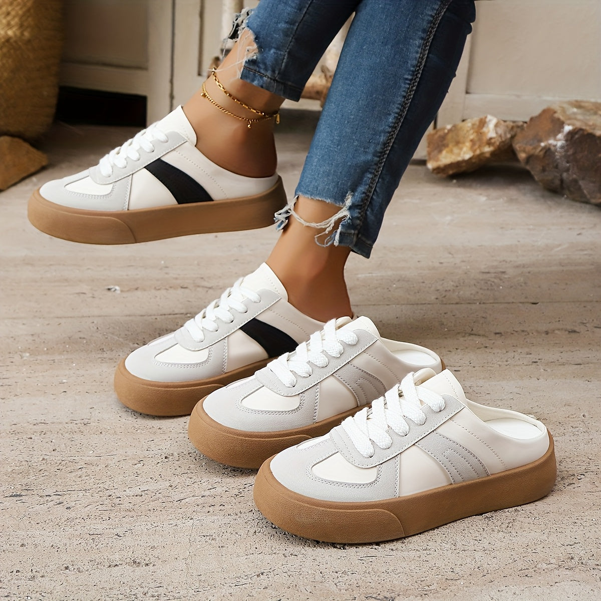 Women's Slip-On Platform Mules - Casual Sandals with Thick Sole Black and White