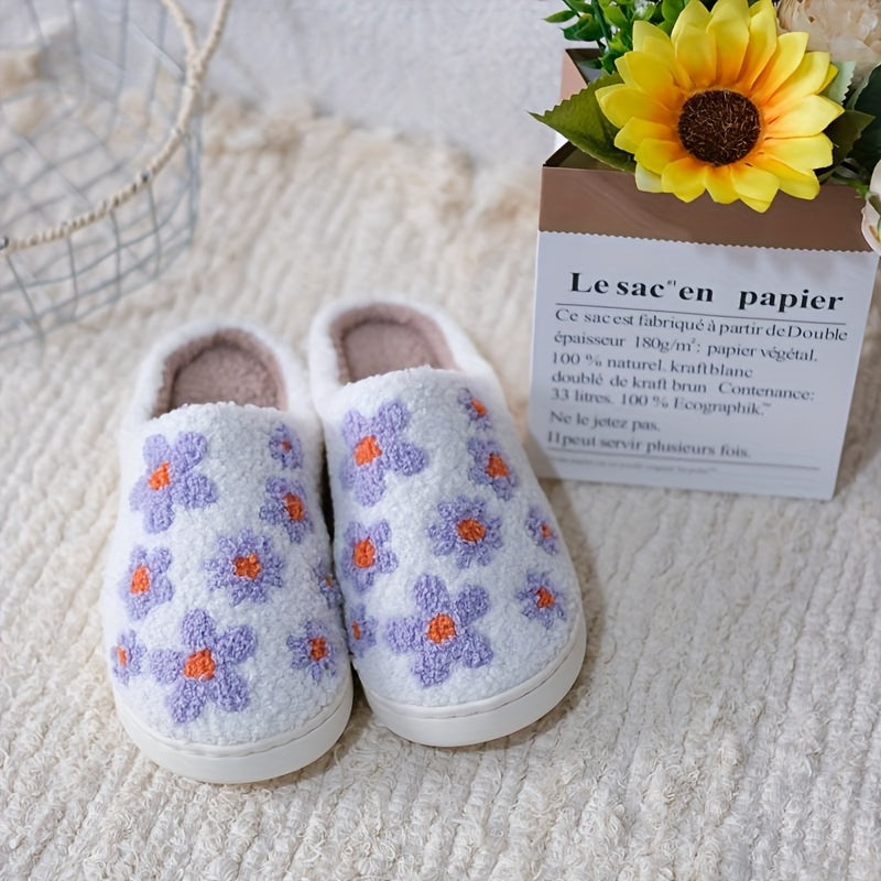 Unisex Plush Lilac Floral Slippers Warm Indoor House Shoes