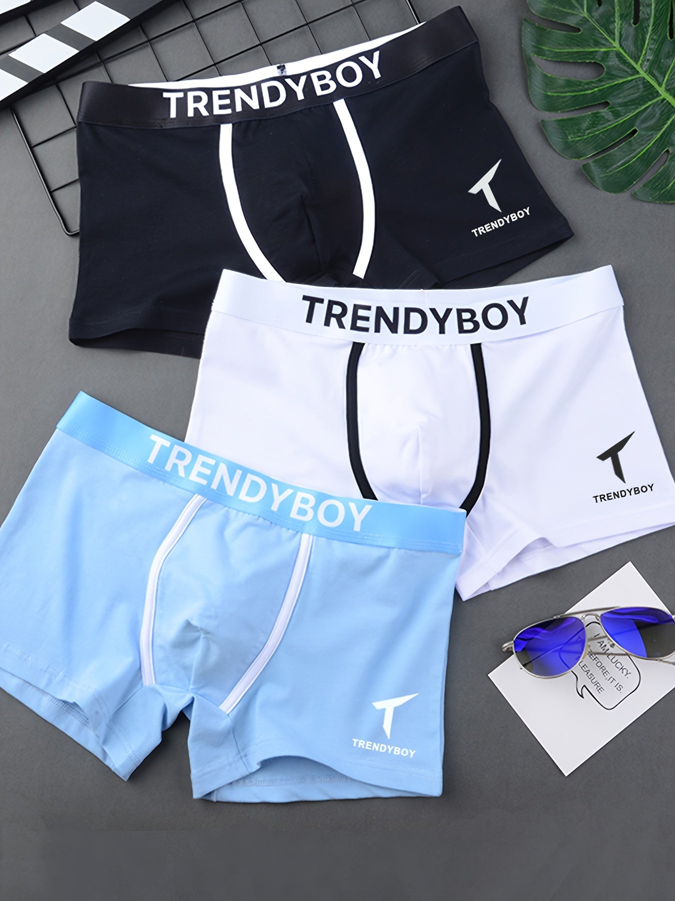 Men's Breathable Geometric Pattern Boxer Briefs Pack of 3 Medium Stretch Polyester Elastane